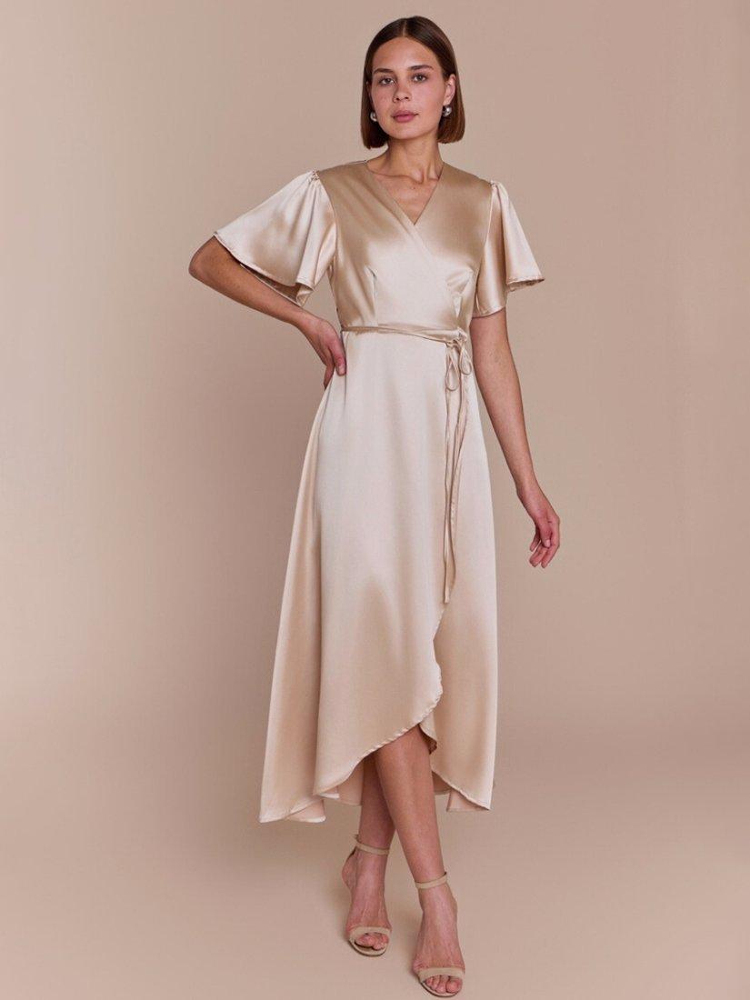 Product image 1 of 9, which shows Rewritten Florence Waterfall Hem Satin Wrap Dress, Champagne, 8