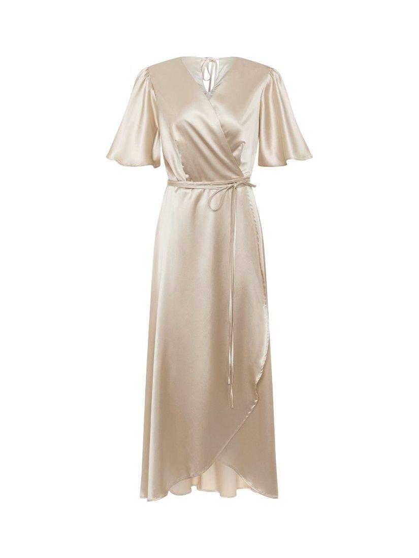 Product image 2 of 9, which shows Rewritten Florence Waterfall Hem Satin Wrap Dress, Champagne, 8