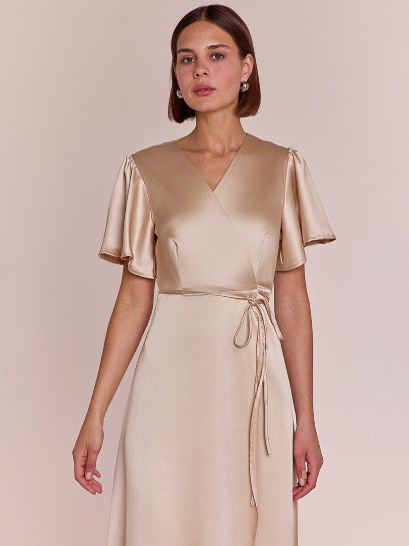 Product image 3 of 9, which shows Rewritten Florence Waterfall Hem Satin Wrap Dress, Champagne, 8