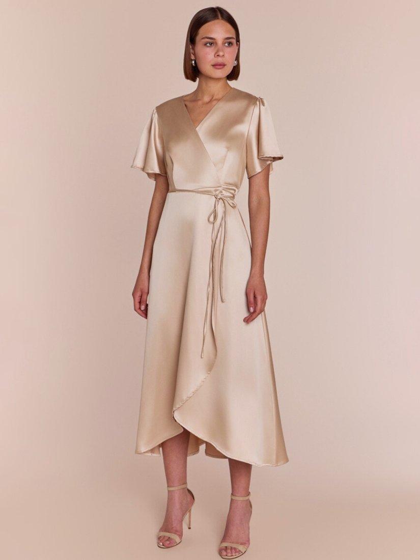 Product image 5 of 9, which shows Rewritten Florence Waterfall Hem Satin Wrap Dress, Champagne, 8