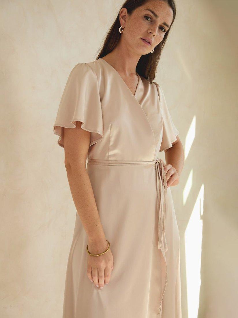 Product image 6 of 9, which shows Rewritten Florence Waterfall Hem Satin Wrap Dress, Champagne, 8