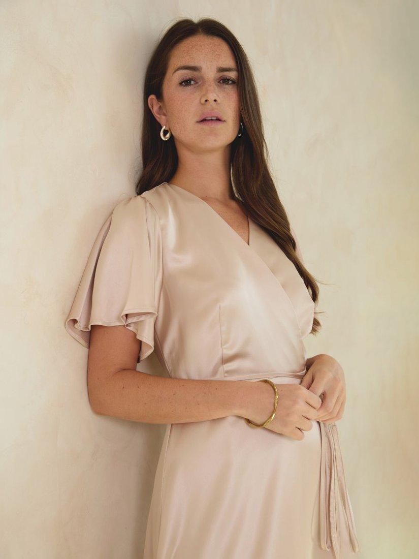 Product image 7 of 9, which shows Rewritten Florence Waterfall Hem Satin Wrap Dress, Champagne, 8