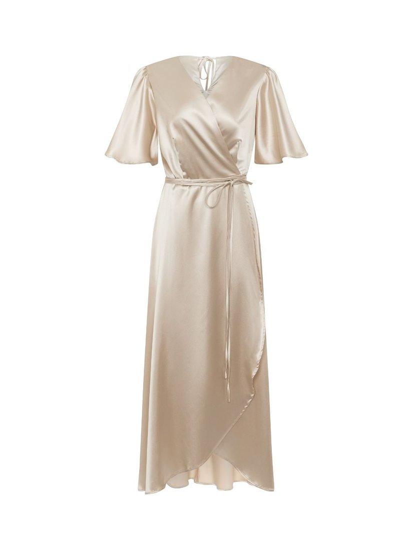 Product image 9 of 9, which shows Rewritten Florence Waterfall Hem Satin Wrap Dress, Champagne, 8