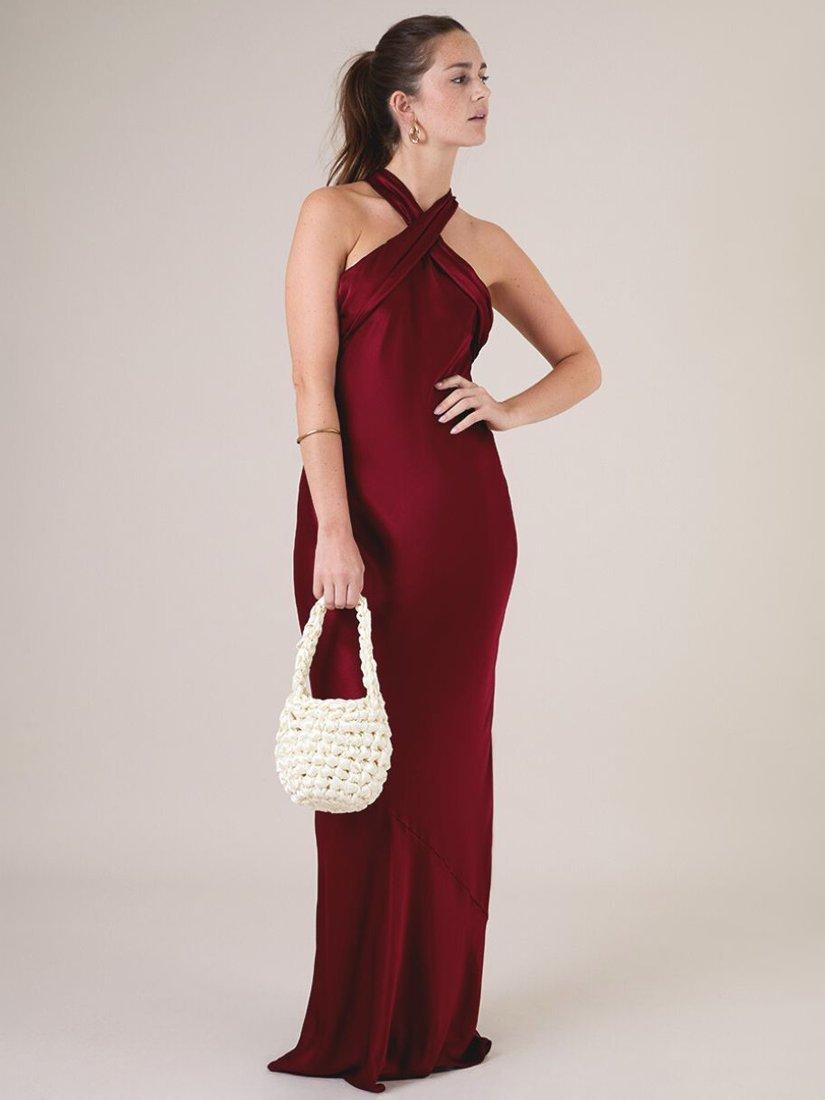 Product image 1 of 6, which shows Rewritten Roma Halterneck Satin Maxi Dress, Chianti, 8