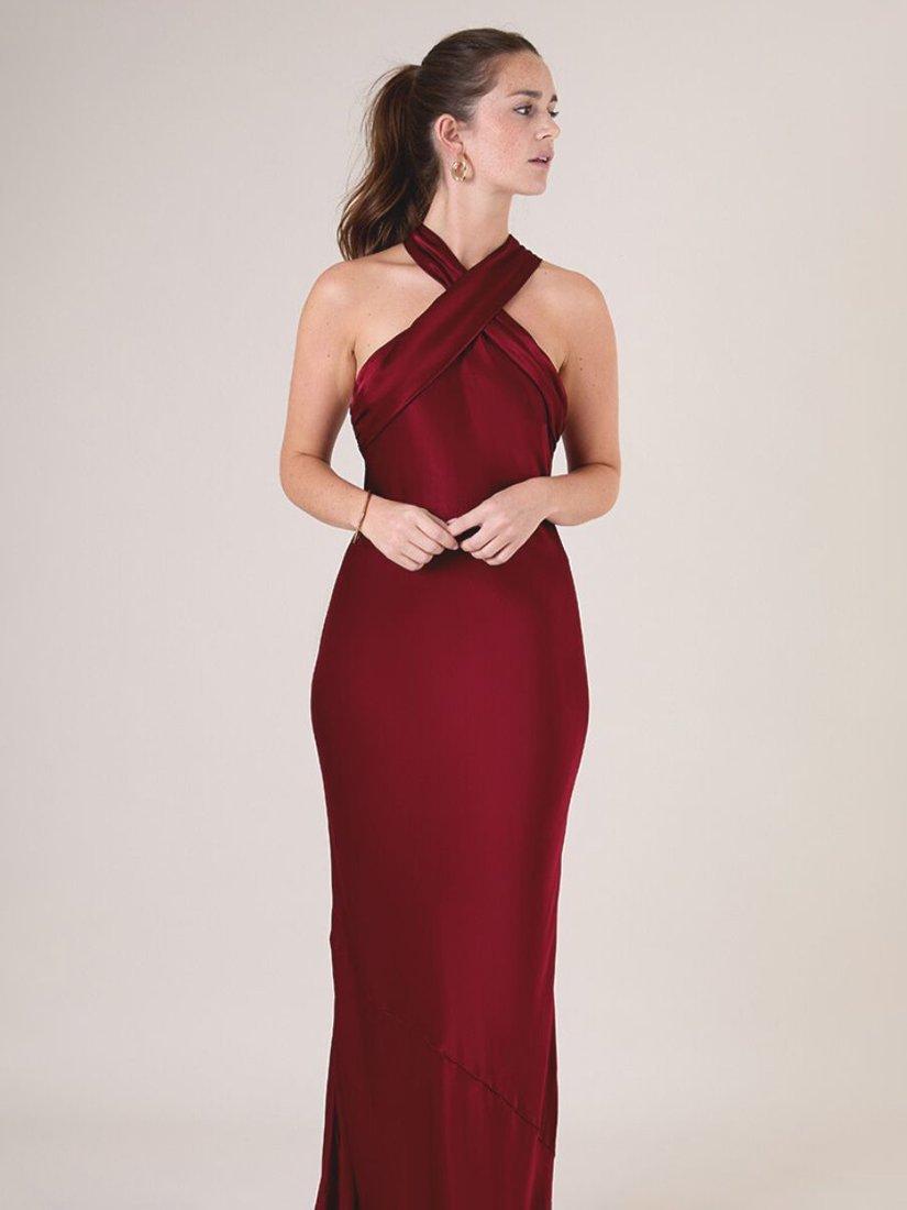 Product image 2 of 6, which shows Rewritten Roma Halterneck Satin Maxi Dress, Chianti, 8
