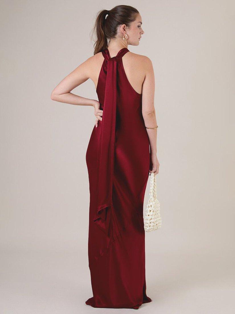 Product image 4 of 6, which shows Rewritten Roma Halterneck Satin Maxi Dress, Chianti, 8