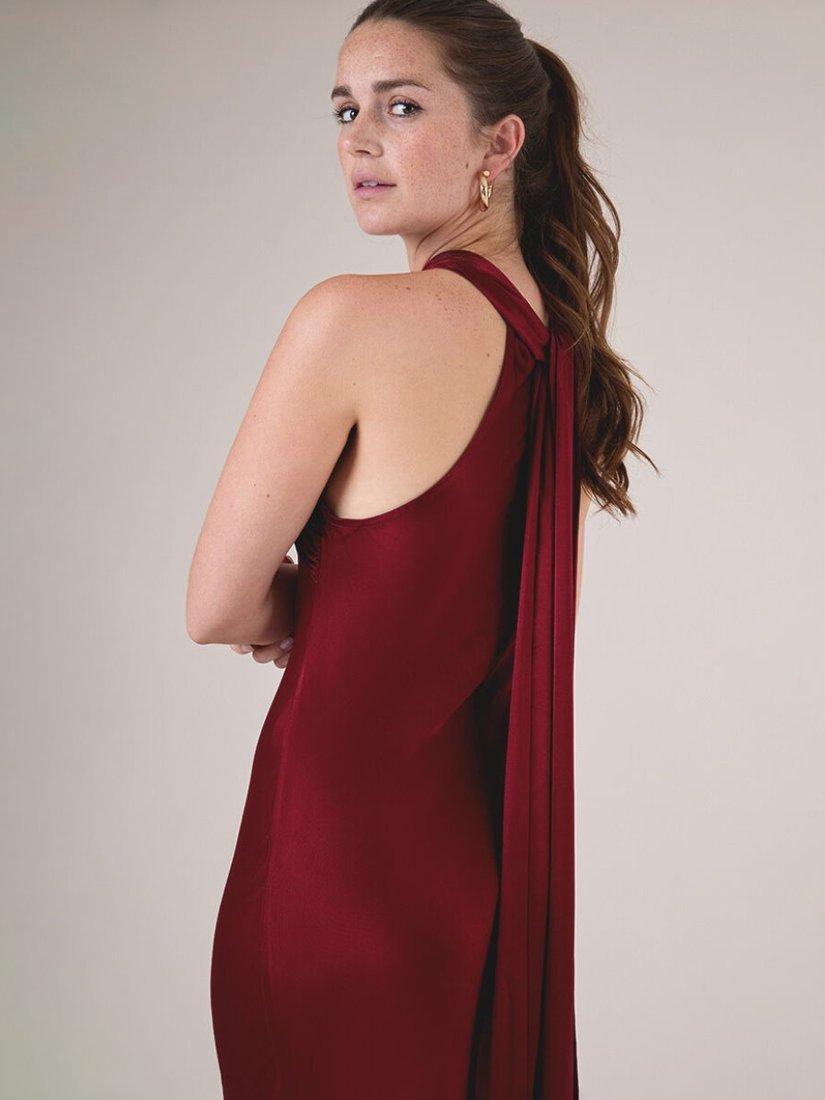 Product image 5 of 6, which shows Rewritten Roma Halterneck Satin Maxi Dress, Chianti, 8