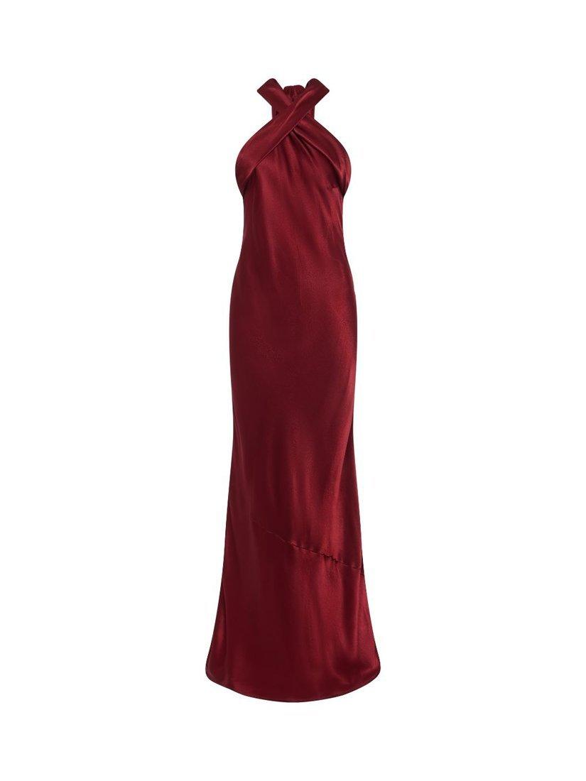 Product image 6 of 6, which shows Rewritten Roma Halterneck Satin Maxi Dress, Chianti, 8