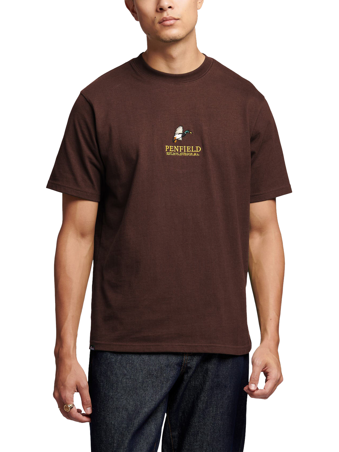 Product image 1 of 5, which shows Penfield Cotton Mallard Logo Sweatshirt, Chicory Coffee, S