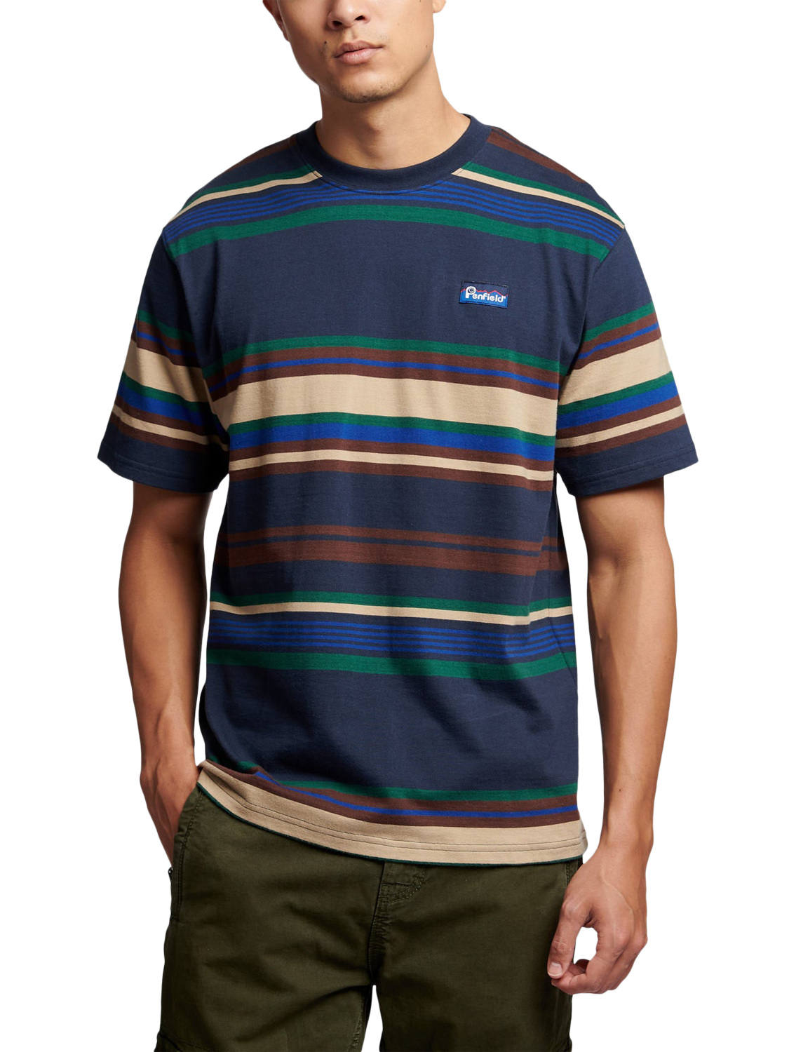 Product image 1 of 6, which shows Penfield Cotton Regular Fit Short Sleeve Stripe T-Shirt, Navy/Multi, S