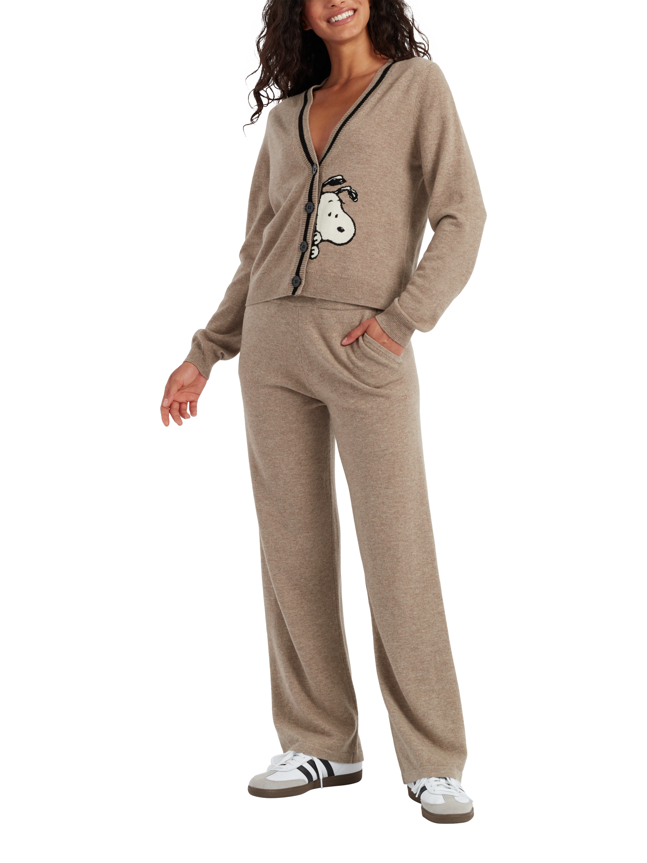 Product image 1 of 3, which shows Chinti & Parker Snoopy Wool Rich Cardigan, Soft Truffle, XS