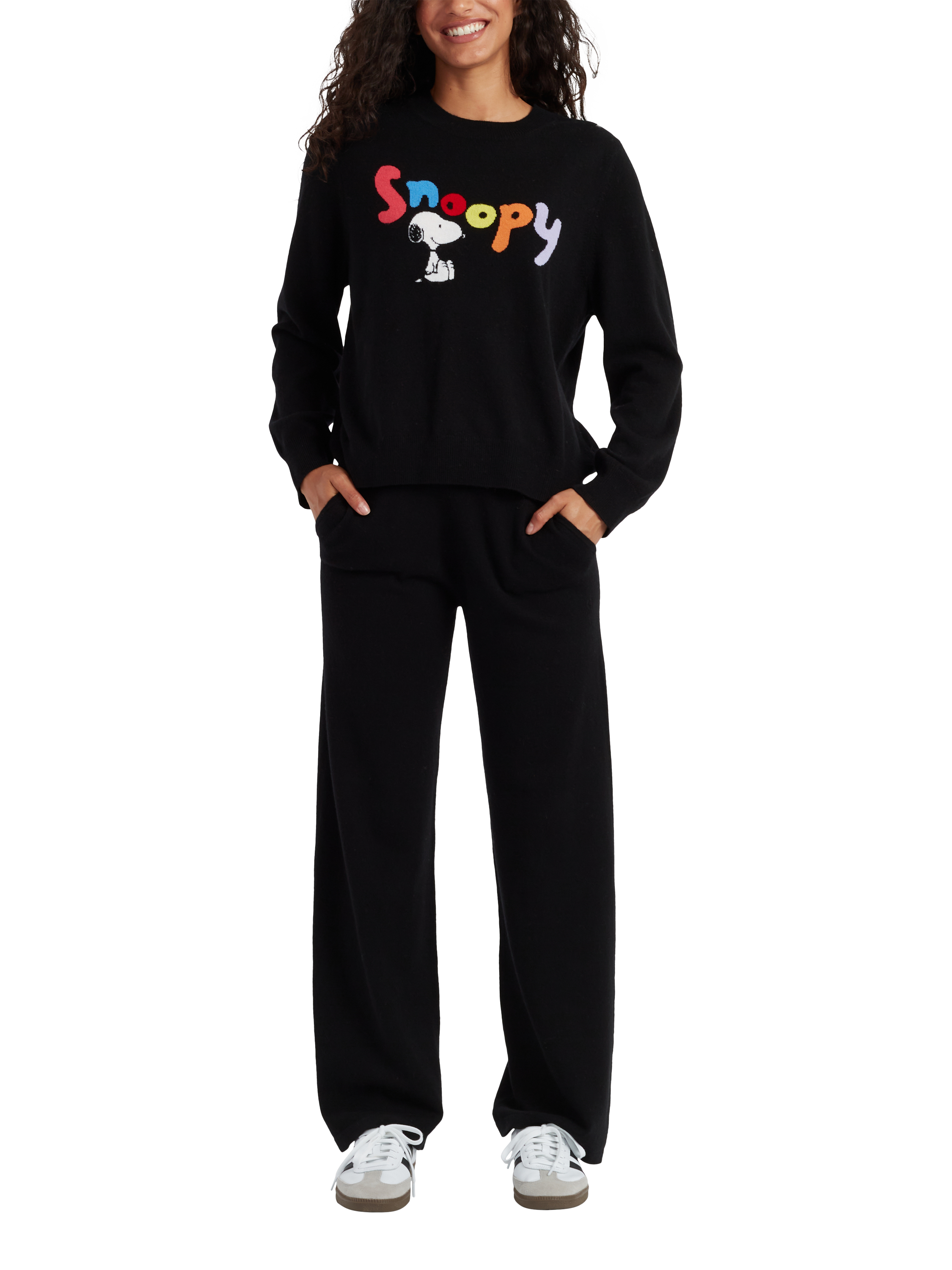 Product image 1 of 3, which shows Chinti & Parker Snoopy Intarsia Wool Rich Jumper, Black, XS