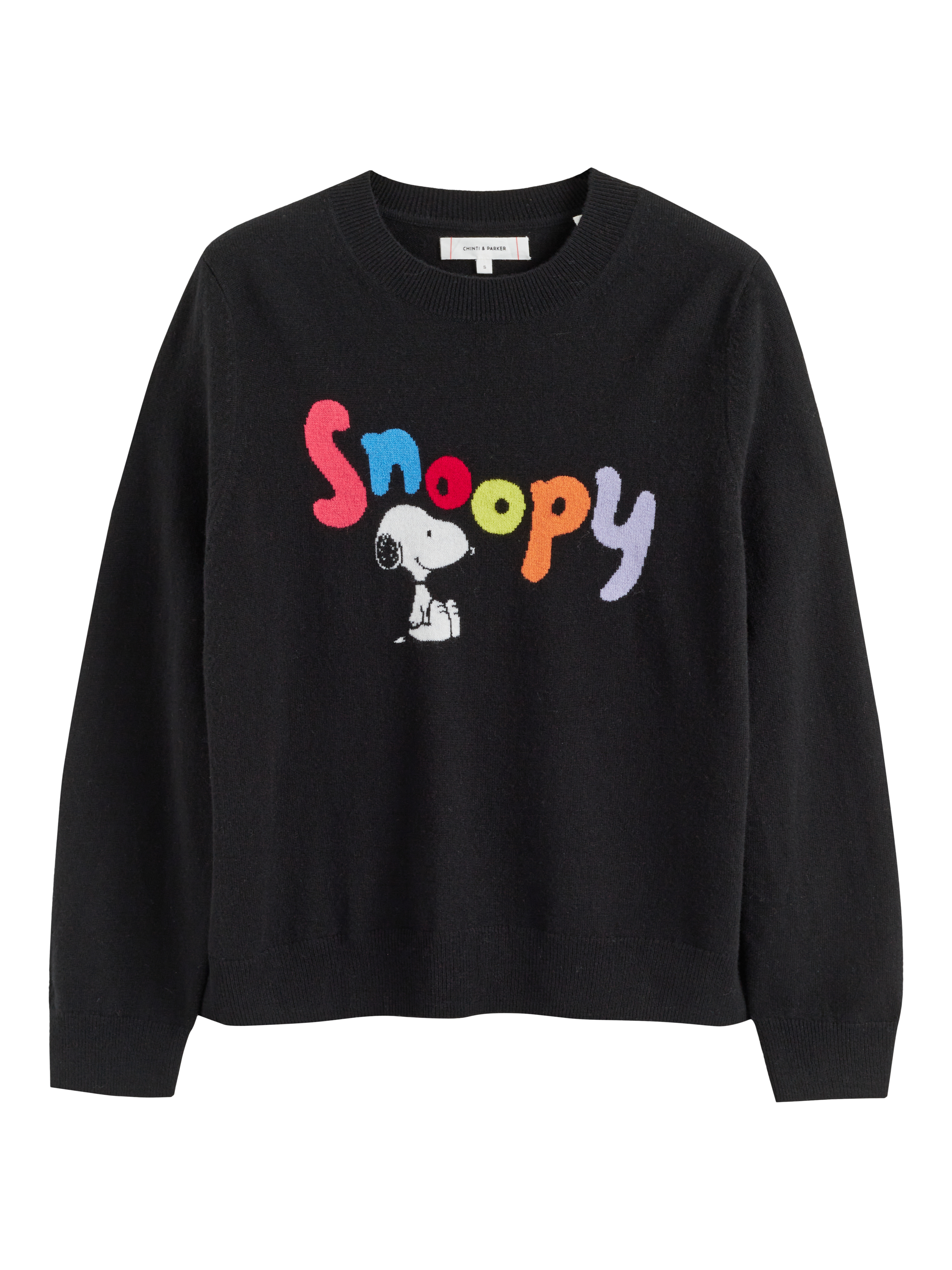 Product image 3 of 3, which shows Chinti & Parker Snoopy Intarsia Wool Rich Jumper, Black, XS