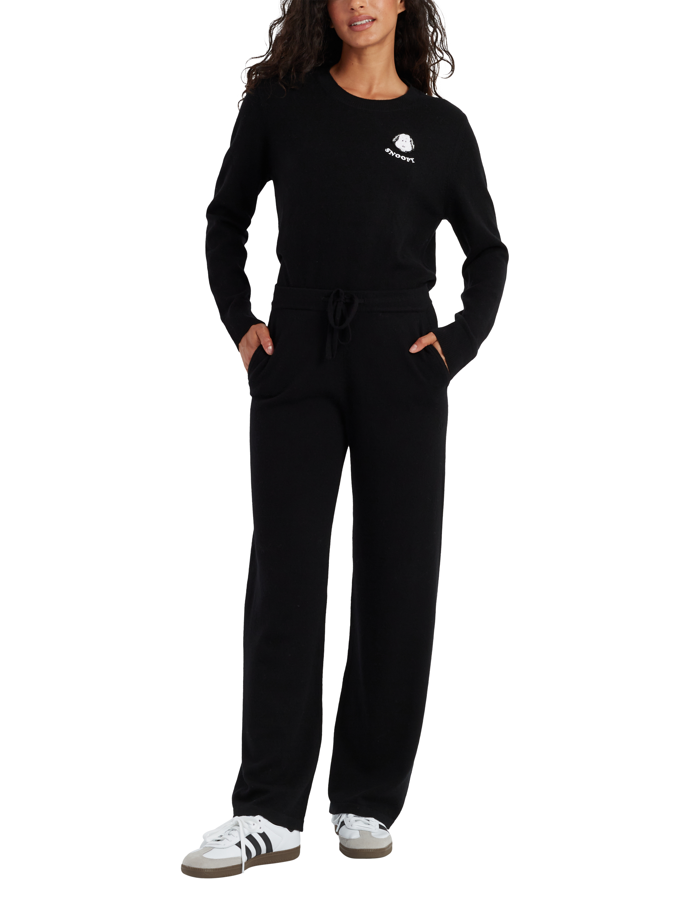 Product image 1 of 3, which shows Chinti & Parker Snoopy Badge Wool Rich Wide Leg Joggers, Black, XS