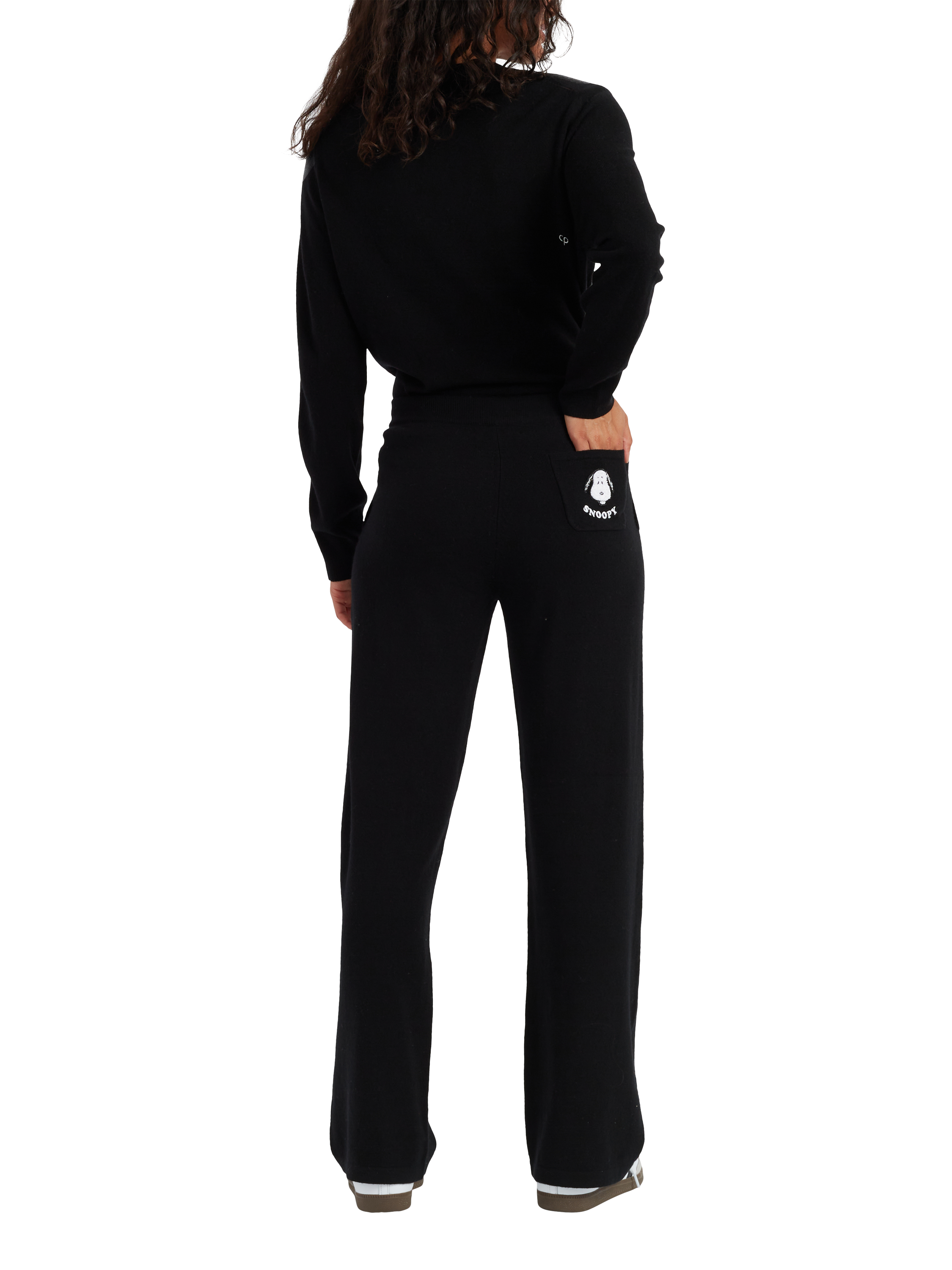 Product image 2 of 3, which shows Chinti & Parker Snoopy Badge Wool Rich Wide Leg Joggers, Black, XS