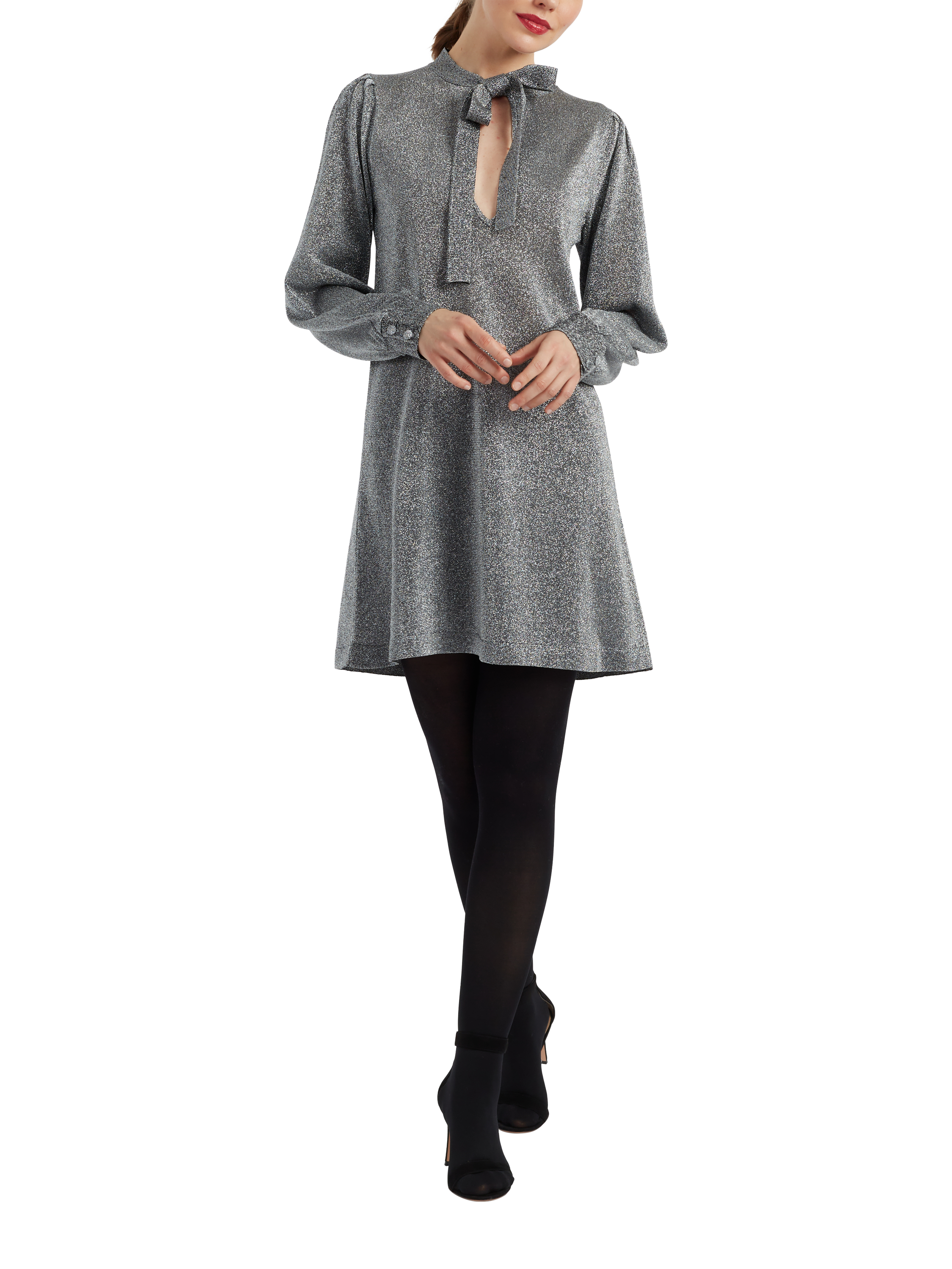 Chinti & Parker Lurex Pussy Bow Dress, Silver