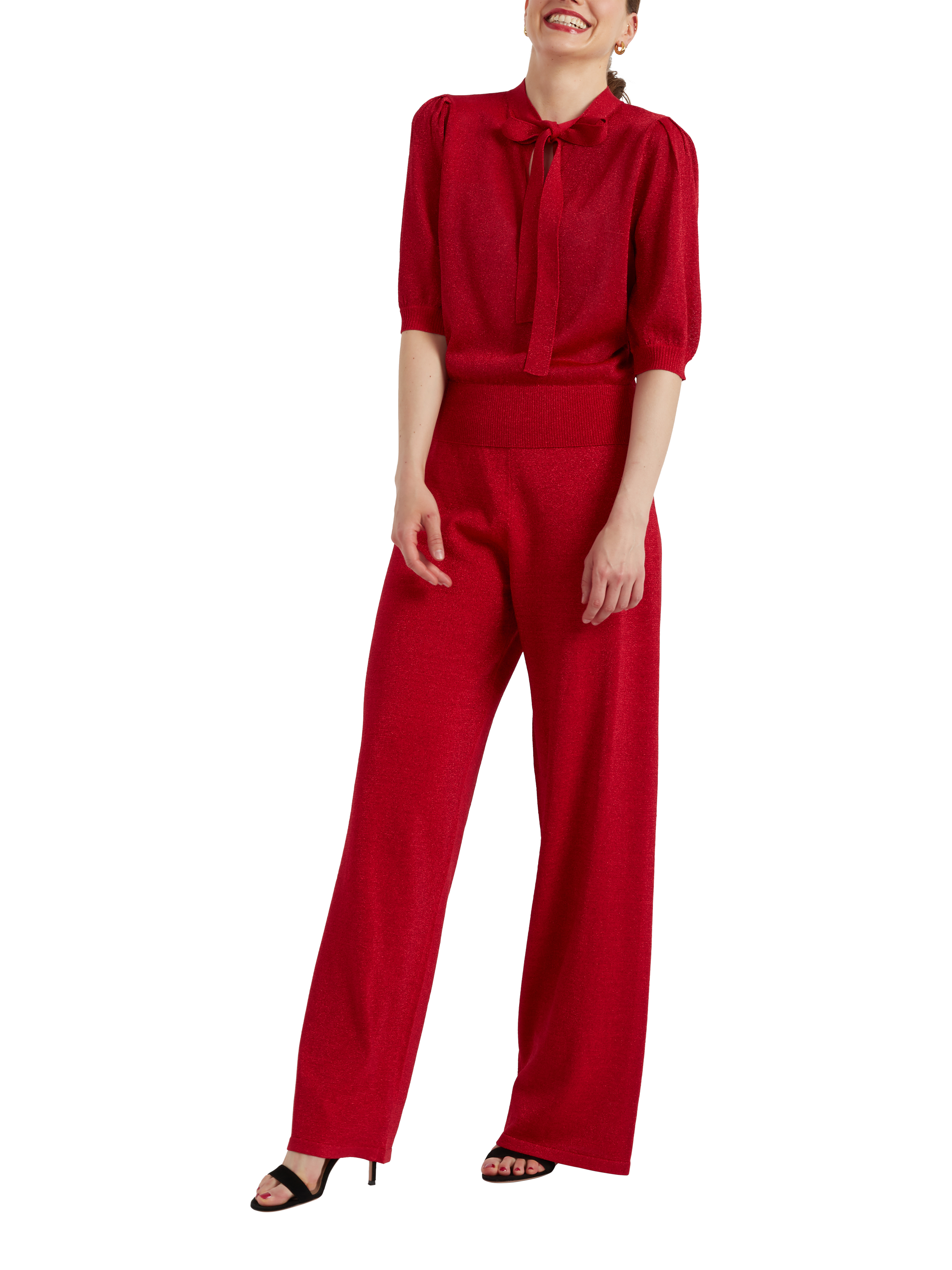 Chinti & Parker Lurex Pussy Bow Knitted Top, Red
