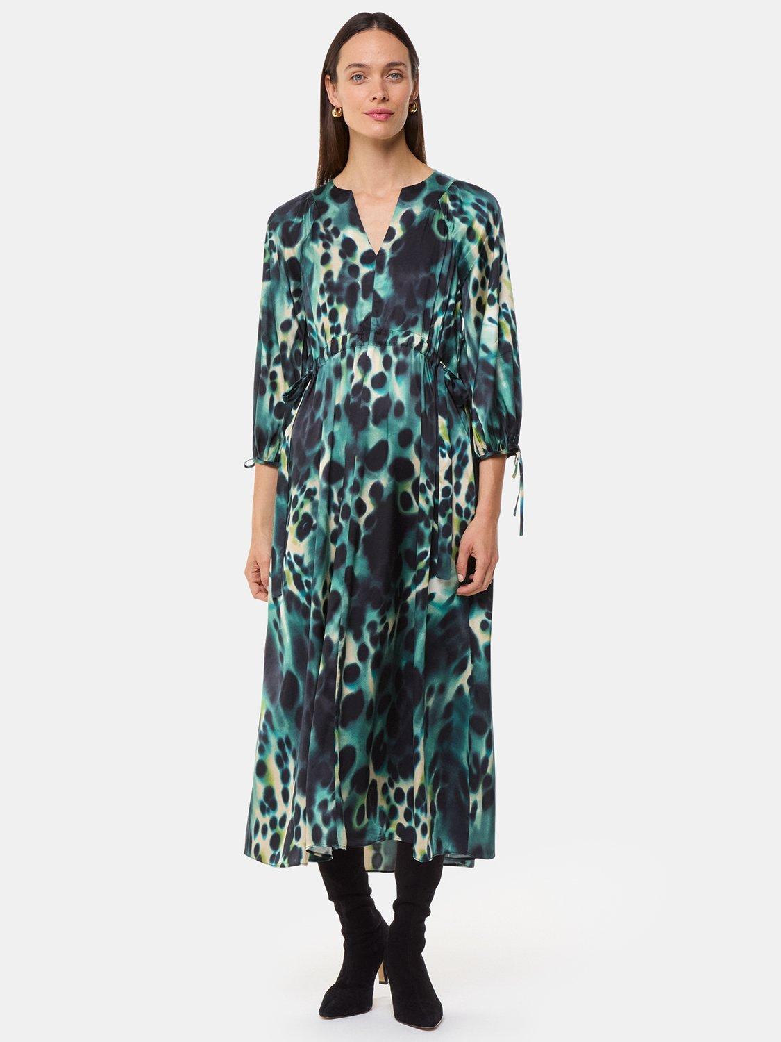 Product image 1 of 7, which shows Whistles Misty Leopard Print Midi Dress, Green/Multi, 6