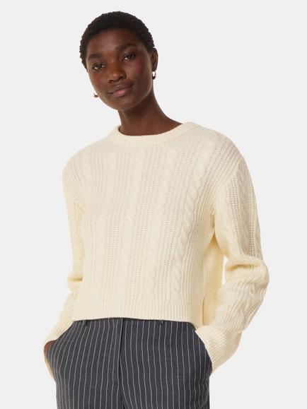Whistles Cable Detail Crew Neck Jumper, Ivory, Ivory
