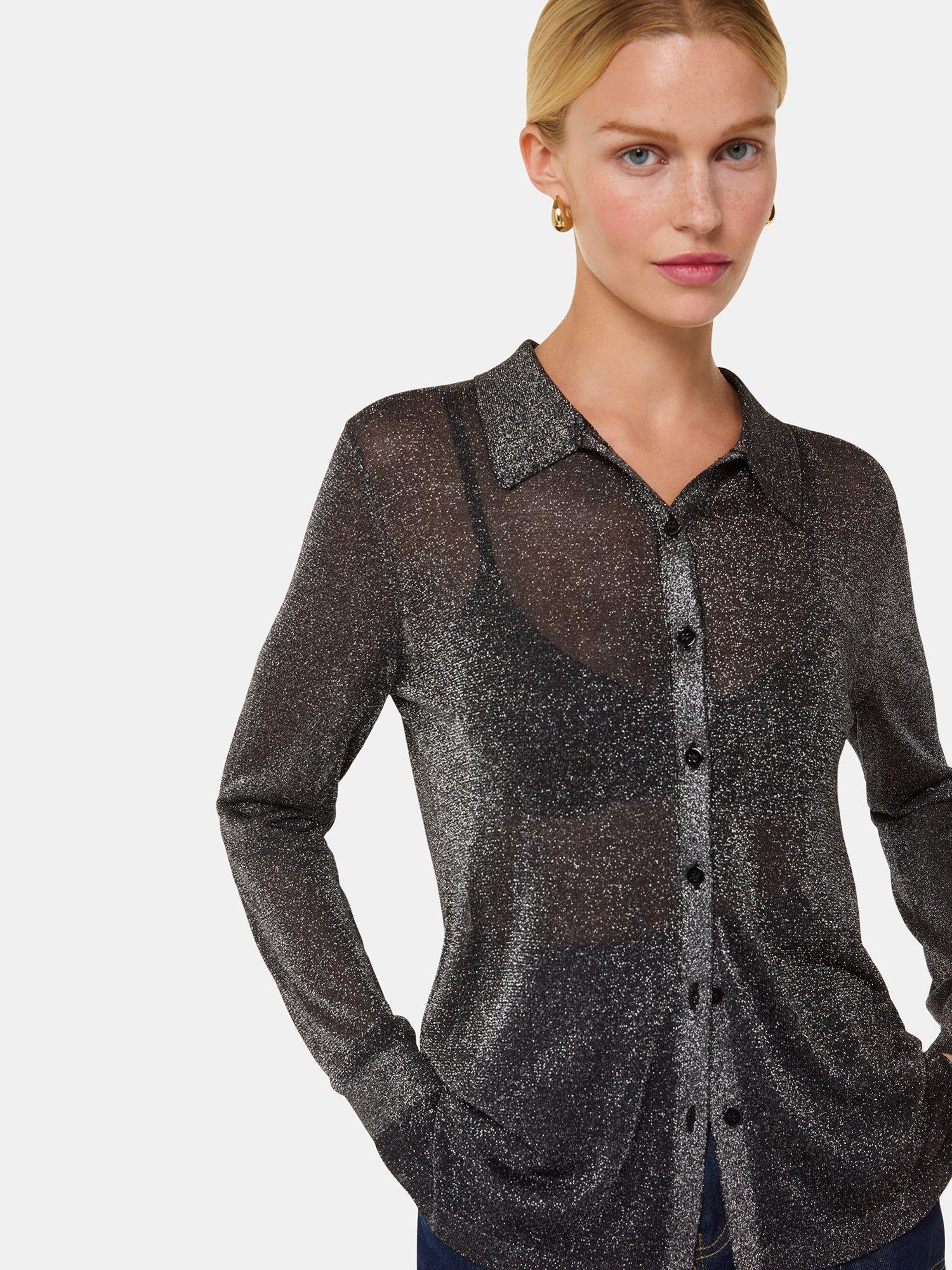Product image 4 of 5, which shows Whistles Sparkle Knit Shirt, Black, XS