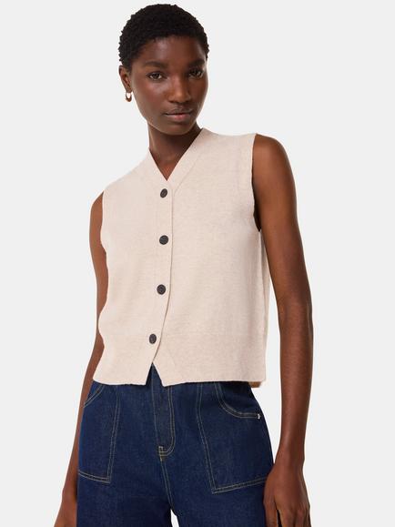 Whistles Pure Wool V-Neck Sleeveless Cardigan, Oatmeal, Oatmeal