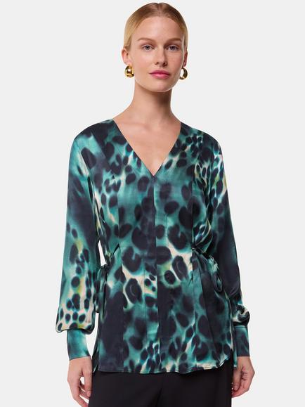 Whistles Misty Leopard V-Neck Top, Green/Multi, Green/Multi