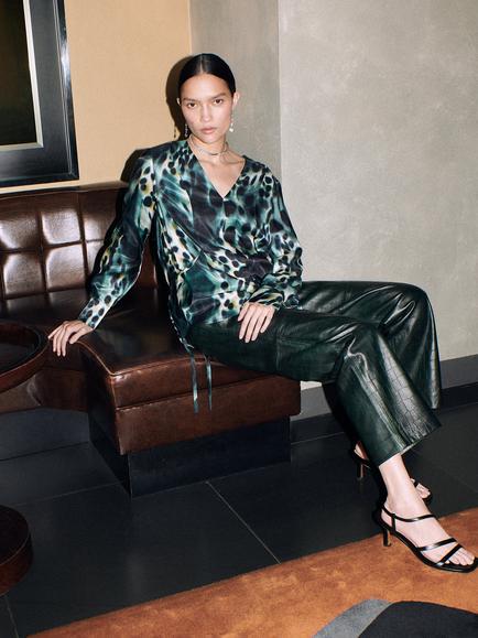 Whistles Misty Leopard V-Neck Top, Green/Multi - view 2, Green/Multi