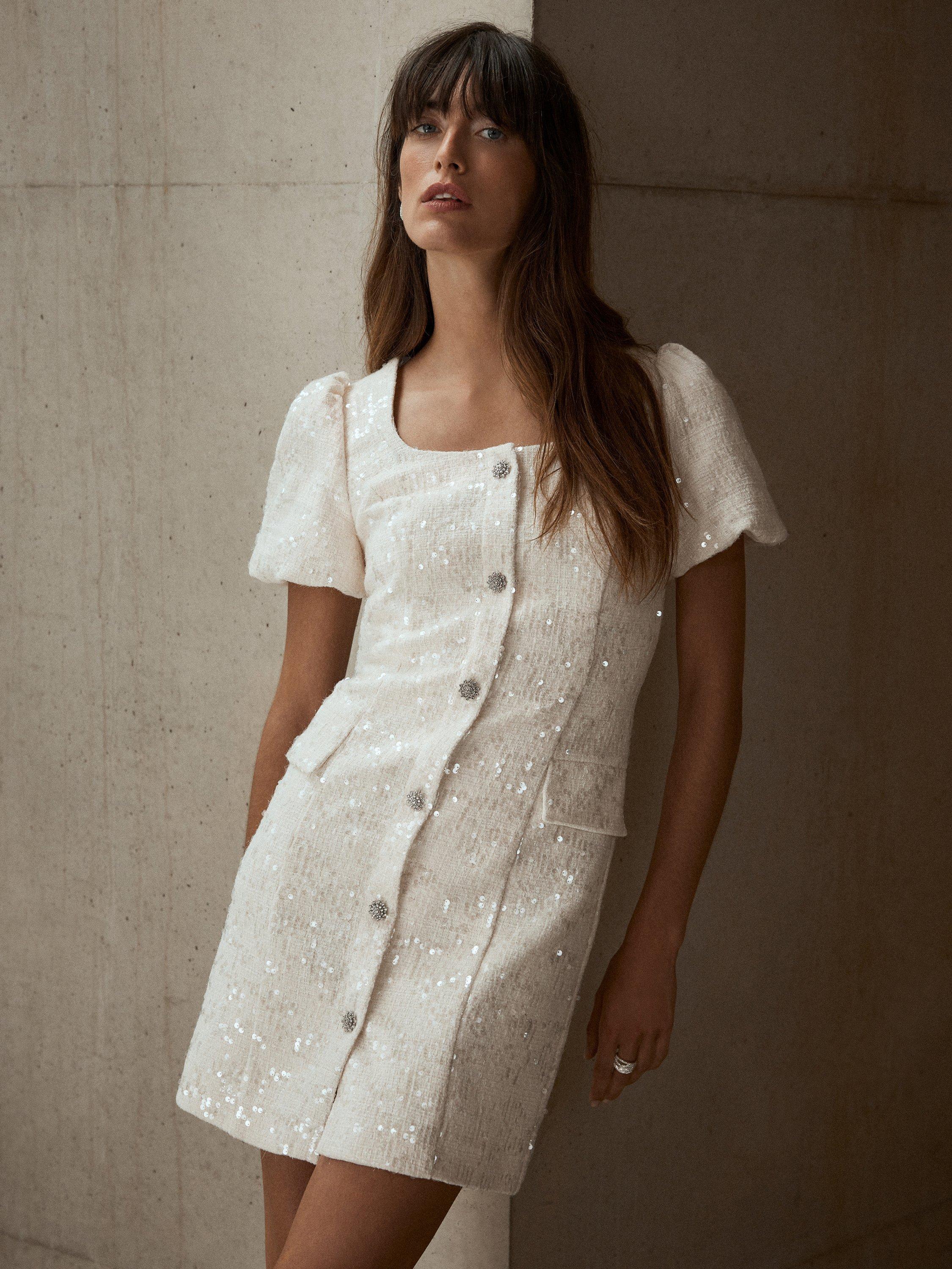 Mint Velvet Sequin Boucle Mini Dress, Ivory