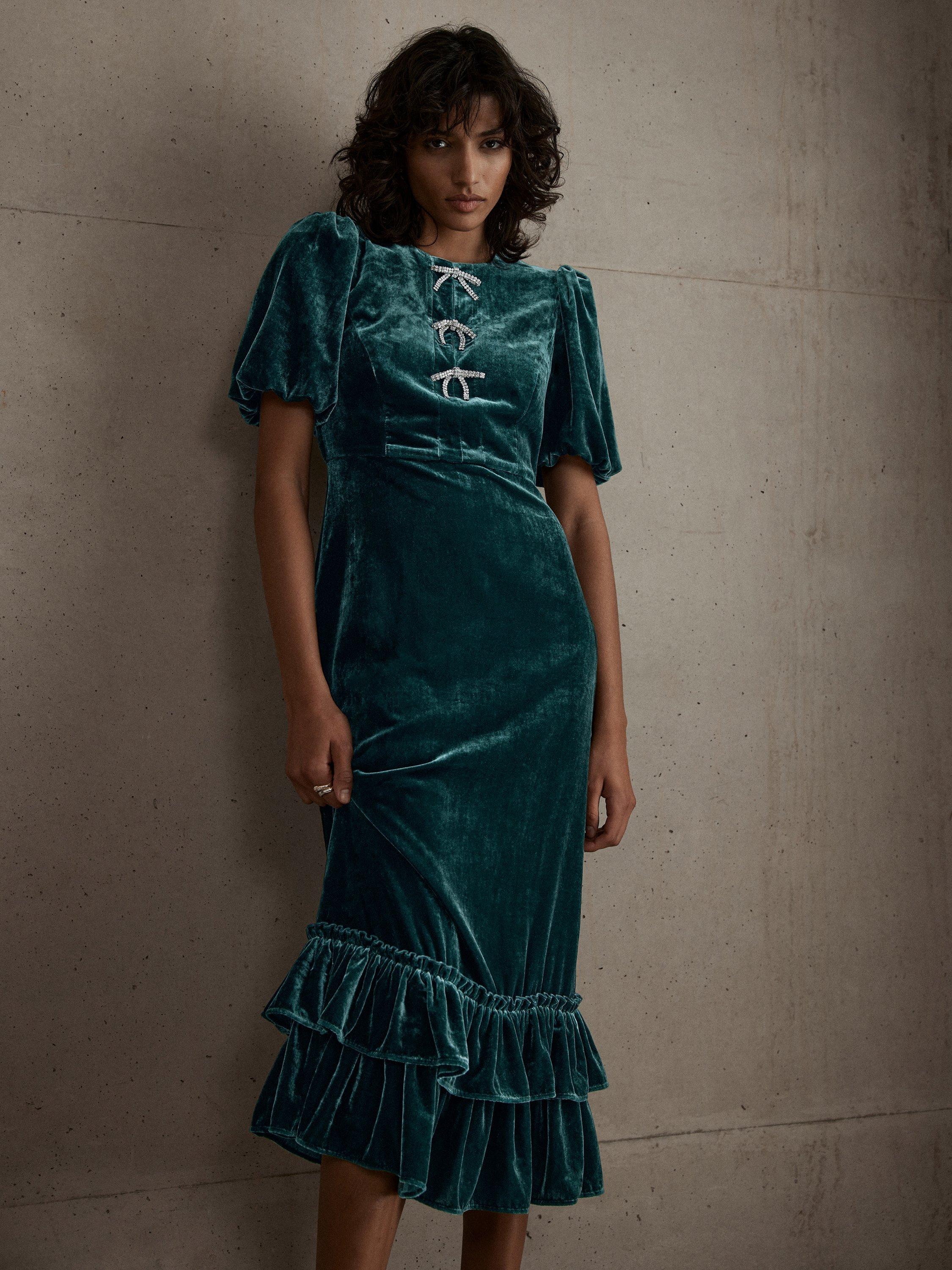 Mint Velvet Bow Detail Velvet Midi Dress, Green