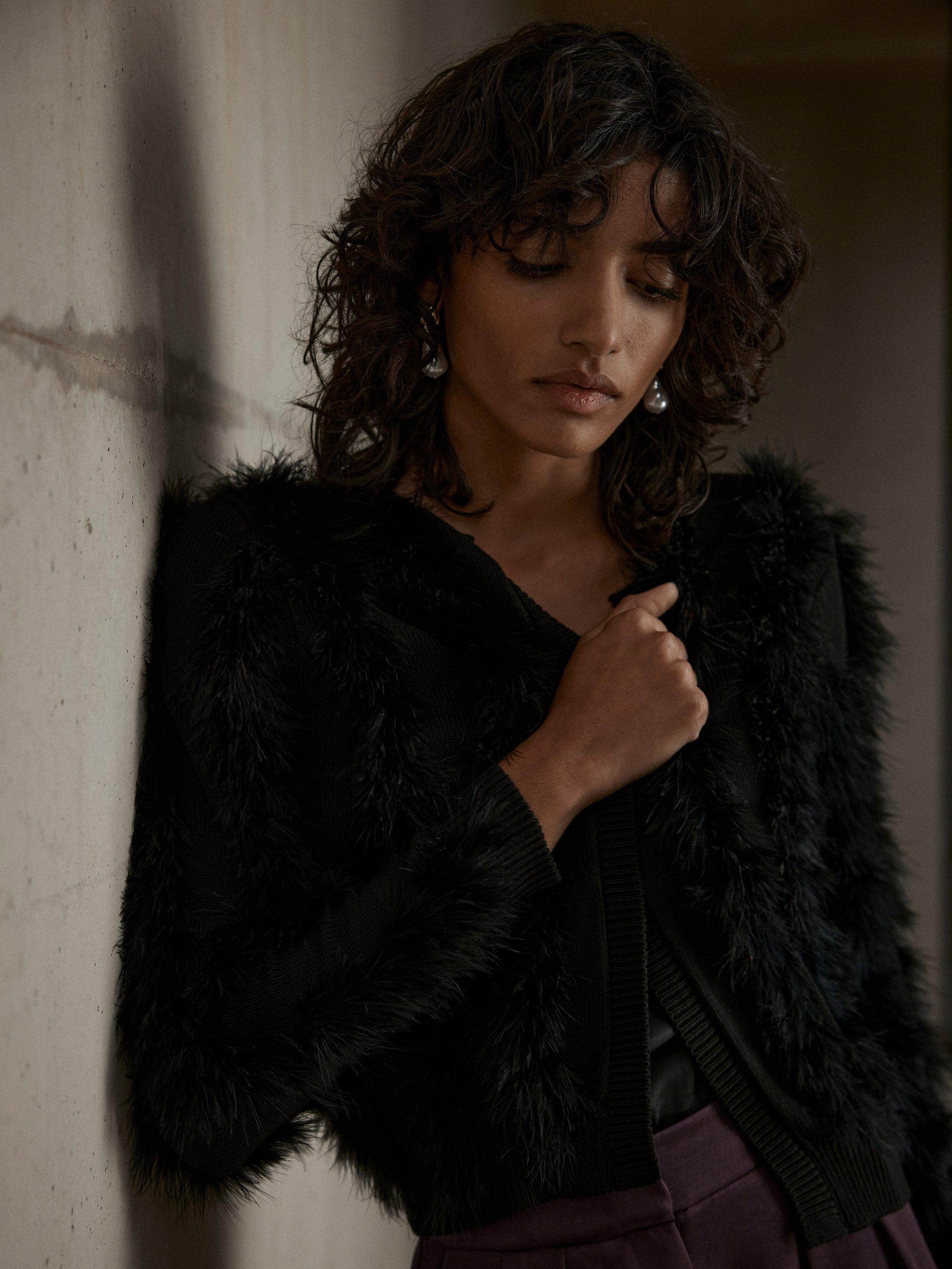 Product image 6 of 8, which shows Mint Velvet Feather Shrug Cardigan, Black, L