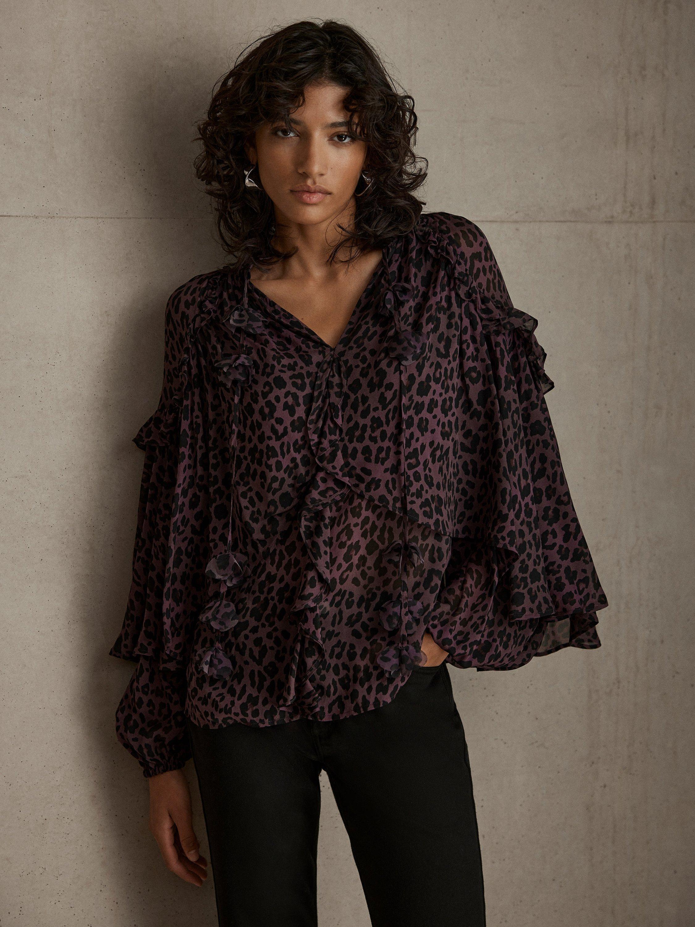 Mint Velvet Animal Print Cape Blouse Burgundy