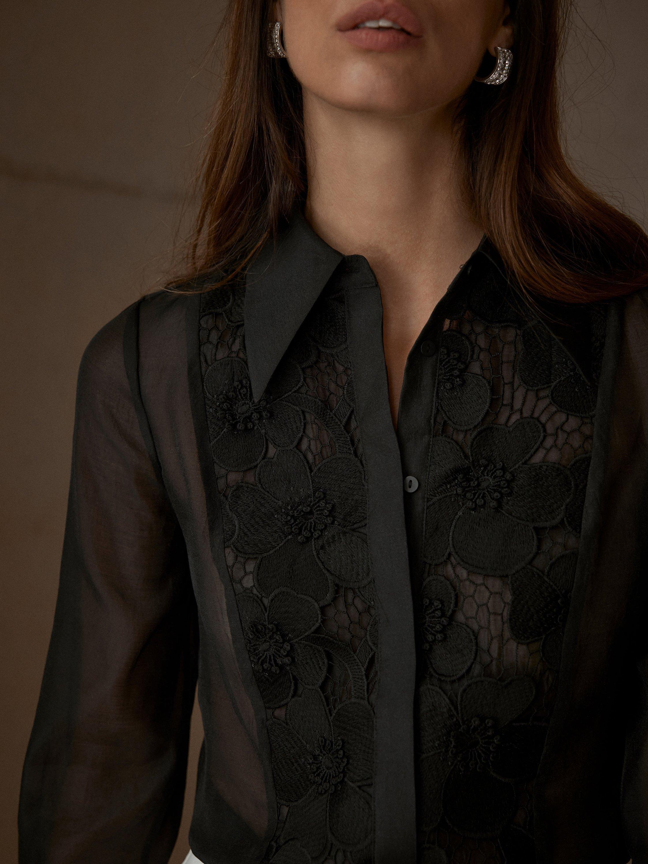 Mint Velvet Floral Organza Applique Shirt, Black