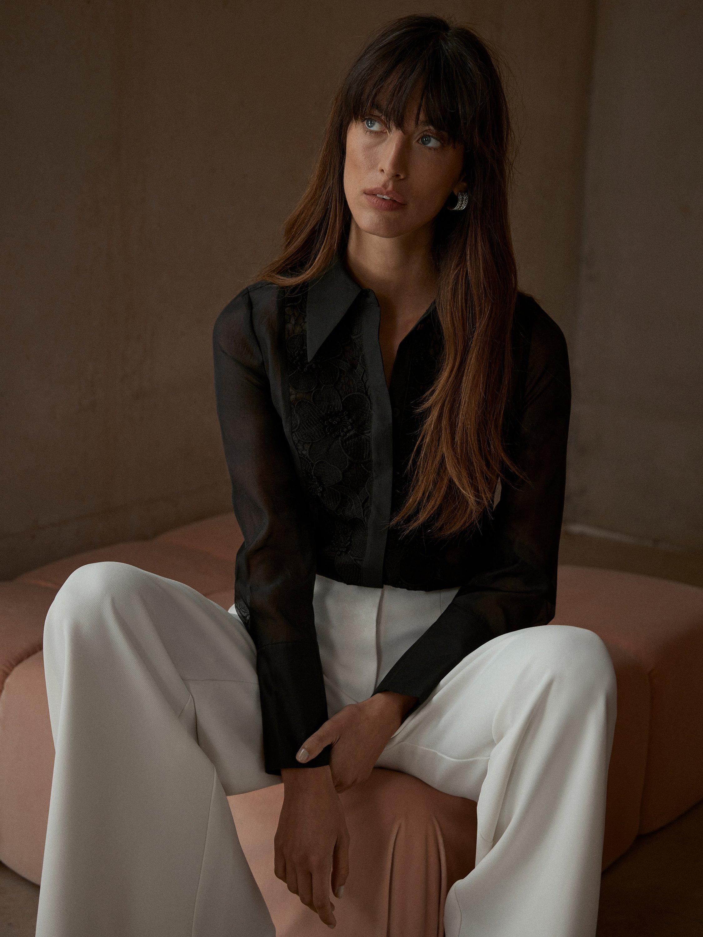 Mint Velvet Floral Organza Applique Shirt, Black