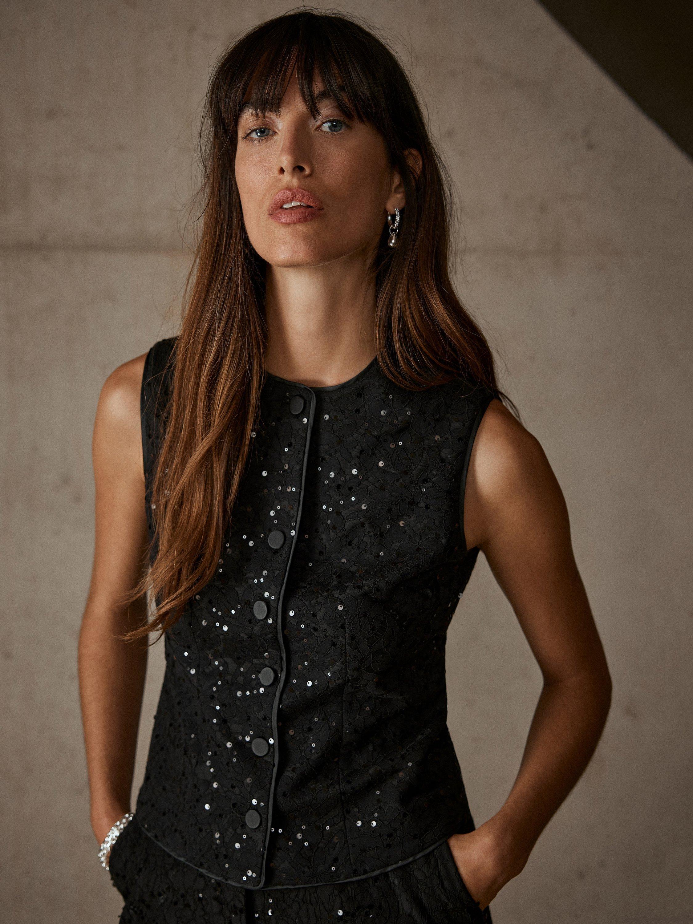 Mint Velvet Lace Sequin Top, Black