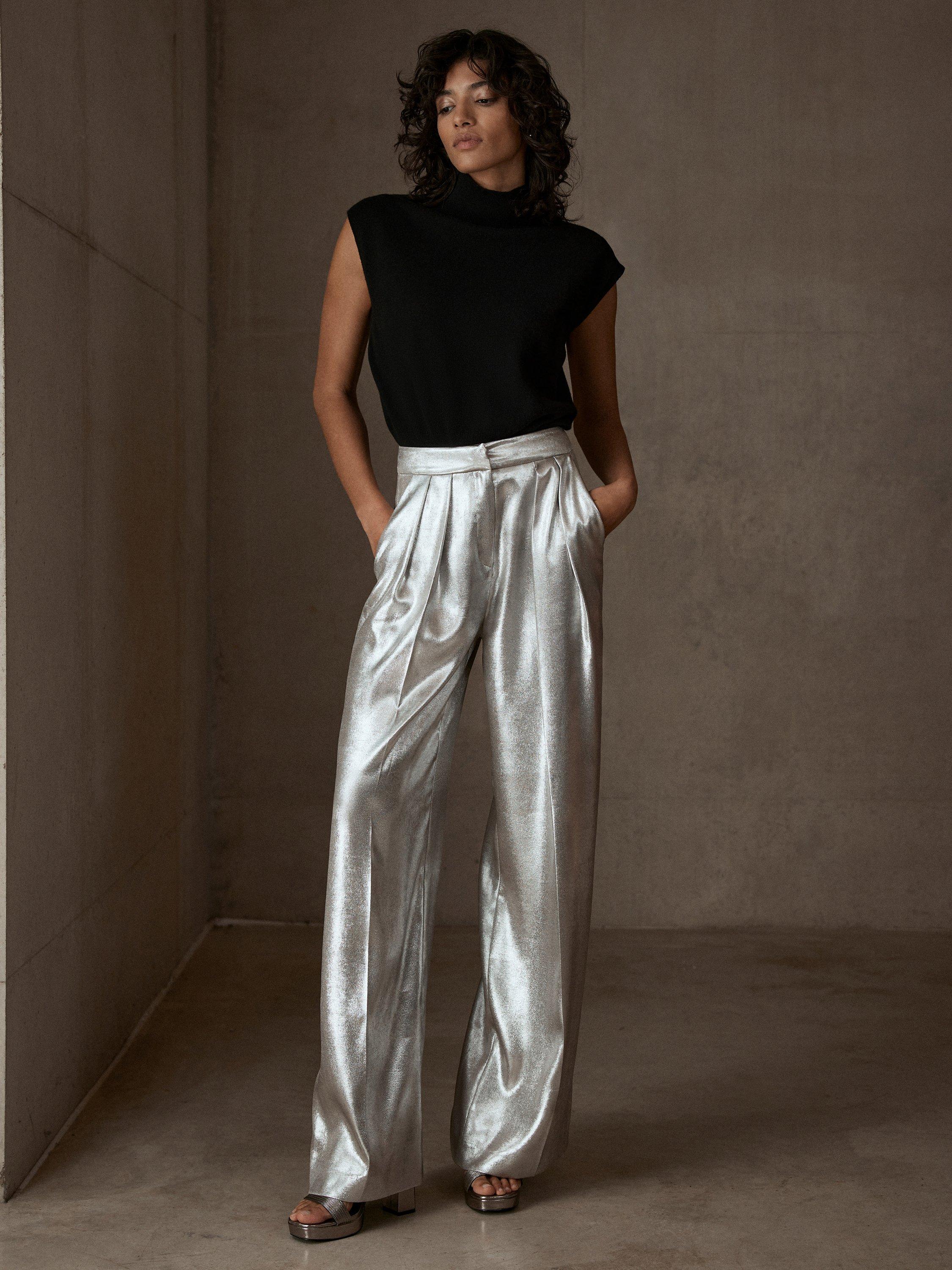 Mint Velvet Metallic Wide Leg Trousers Gold