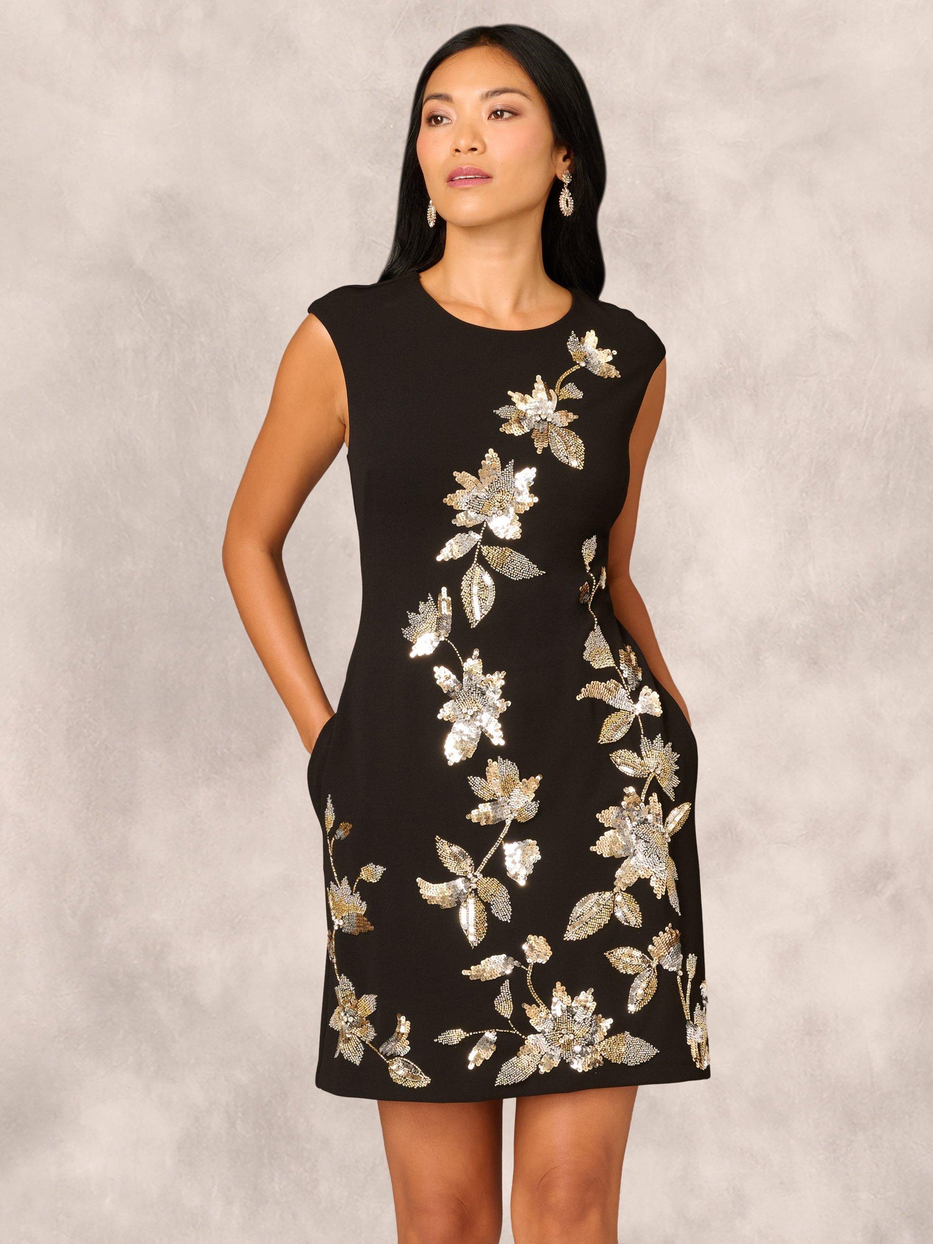 Adrianna Papell Floral Beaded Crepe Dress Black