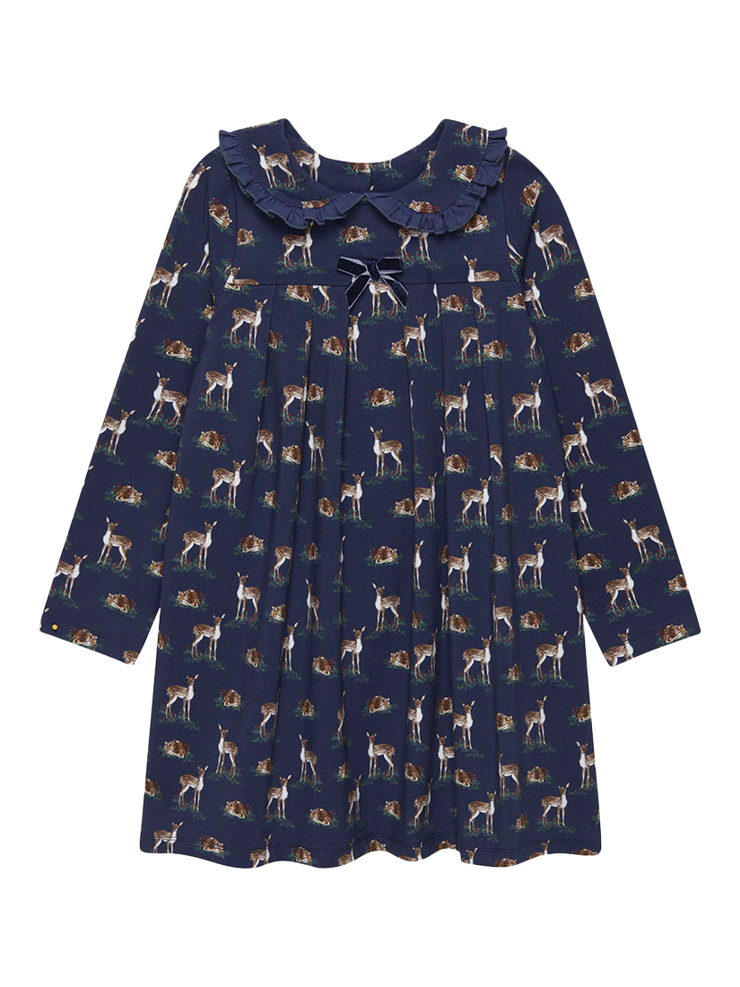 Product image 1 of 3, which shows Trotters Kids' Deer Print Petal Collar Jersey Dress, Navy, 2 years