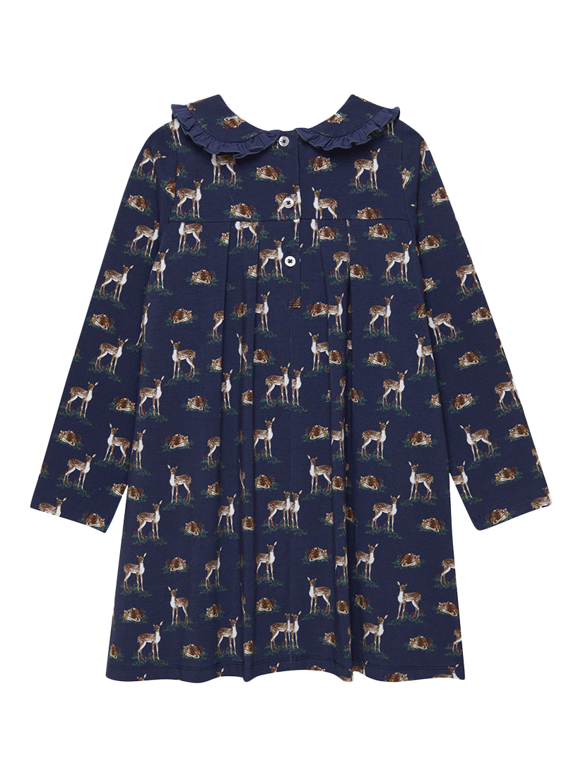Product image 2 of 3, which shows Trotters Kids' Deer Print Petal Collar Jersey Dress, Navy, 2 years