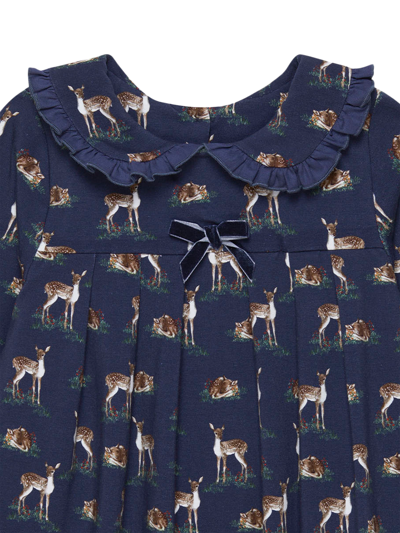 Product image 3 of 3, which shows Trotters Kids' Deer Print Petal Collar Jersey Dress, Navy, 2 years