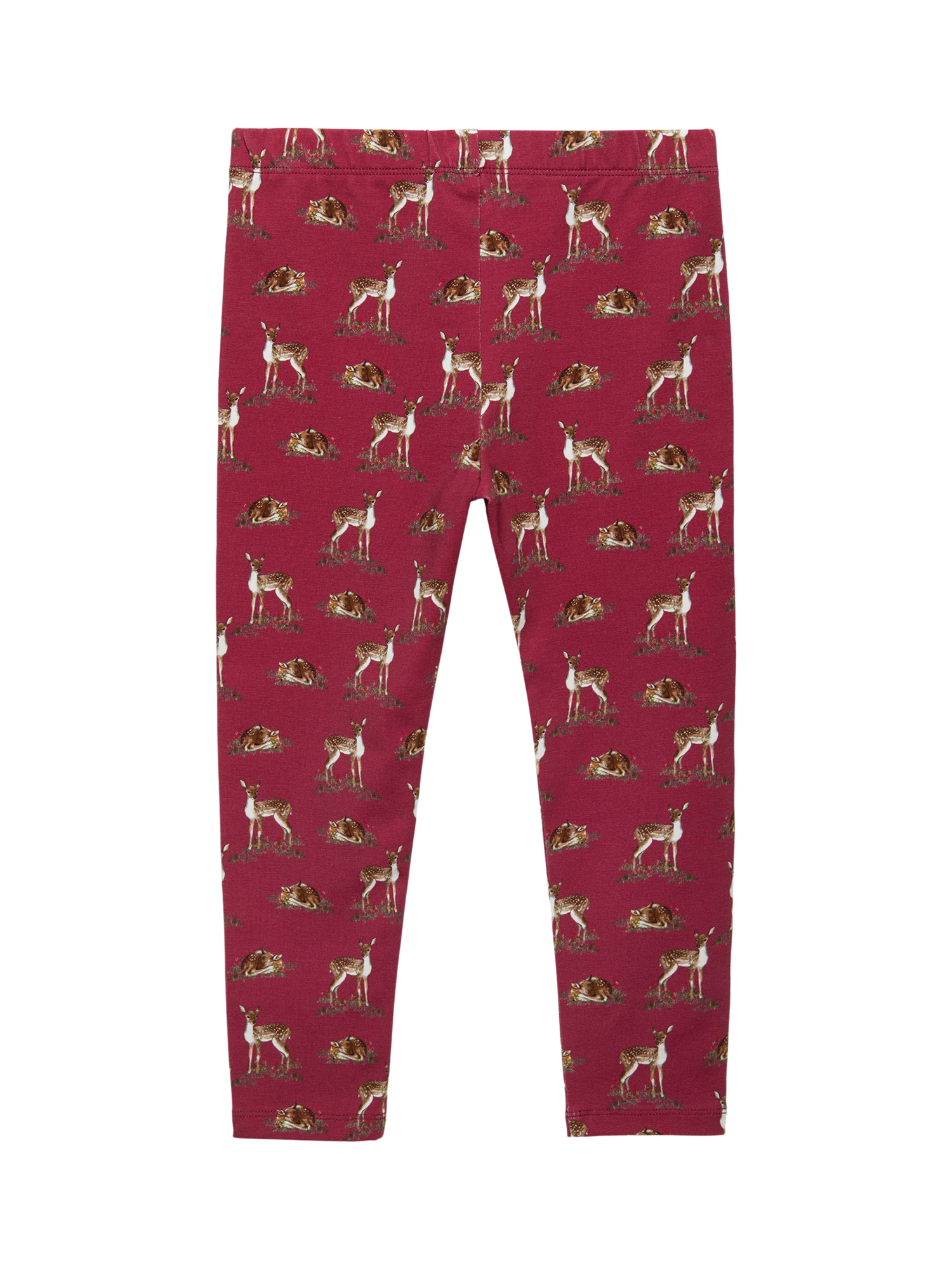 Product image 2 of 3, which shows Trotters Kids' Deer Print Leggings, Berry/Multi, 2-3 years