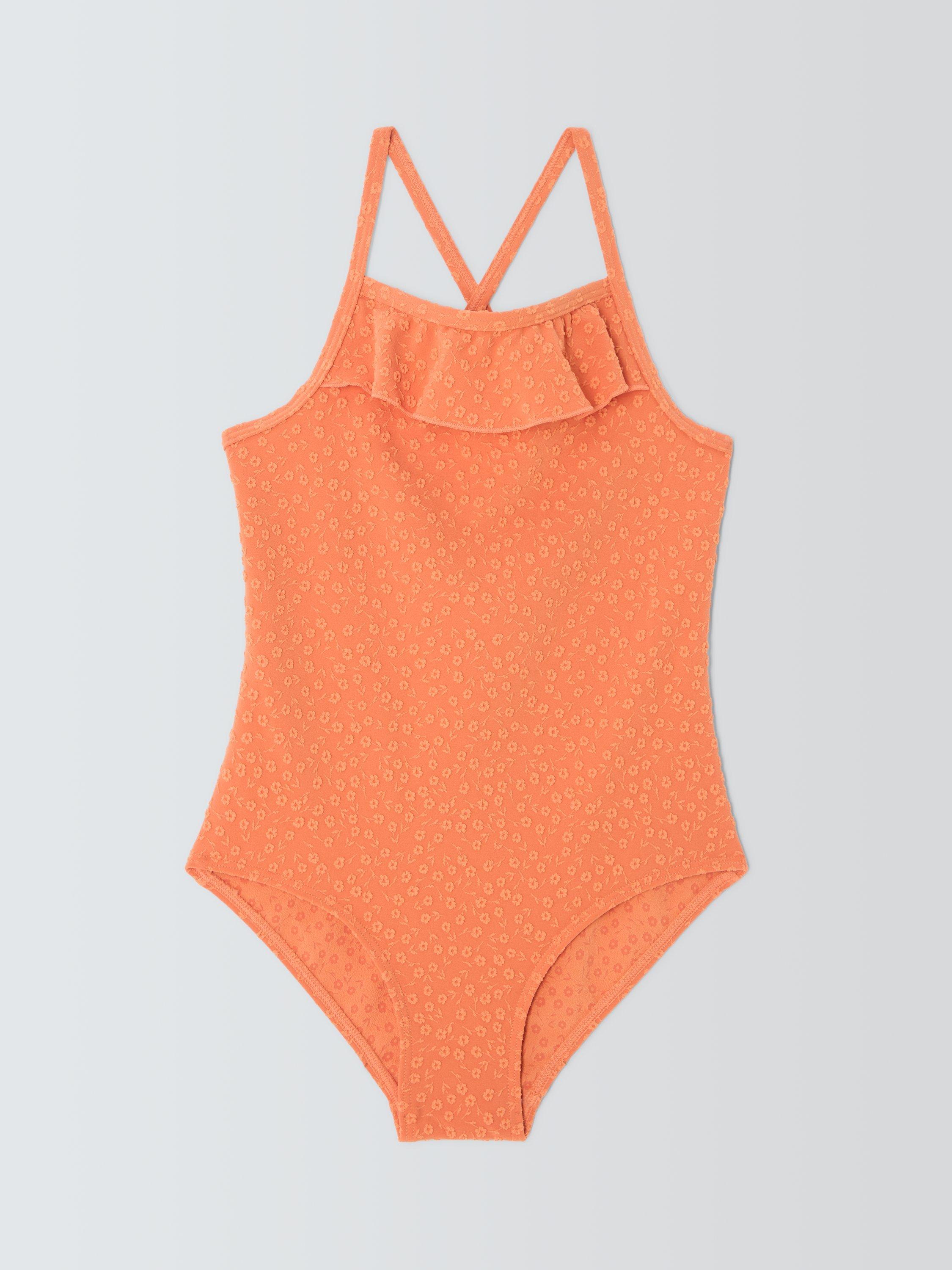 Product image 1 of 3, which shows John Lewis Kids' Textured Floral Swimsuit, Coral, 2 years