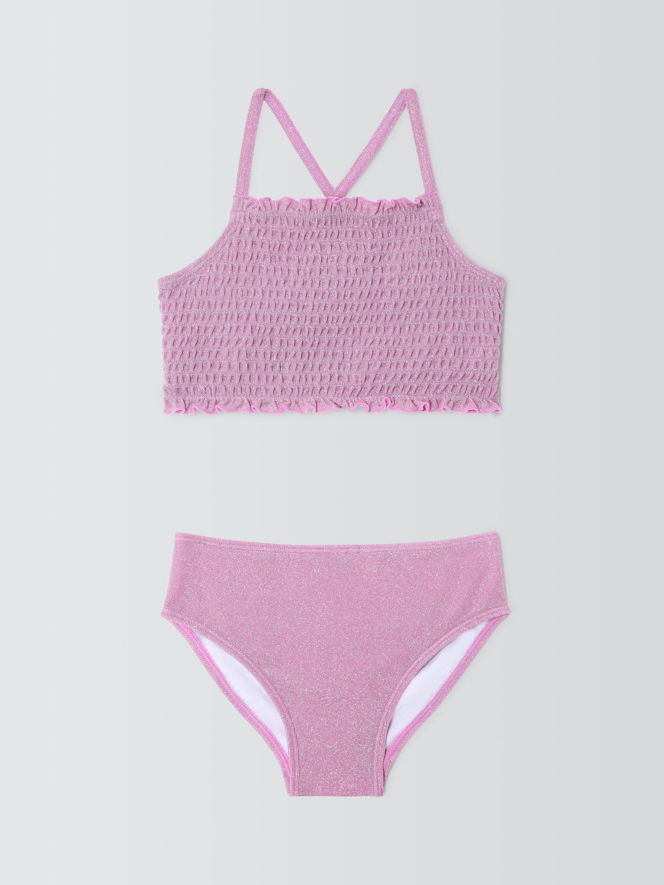 Product image 1 of 3, which shows John Lewis Kids' Glitter Shirred Bikini, Pink, 2 years