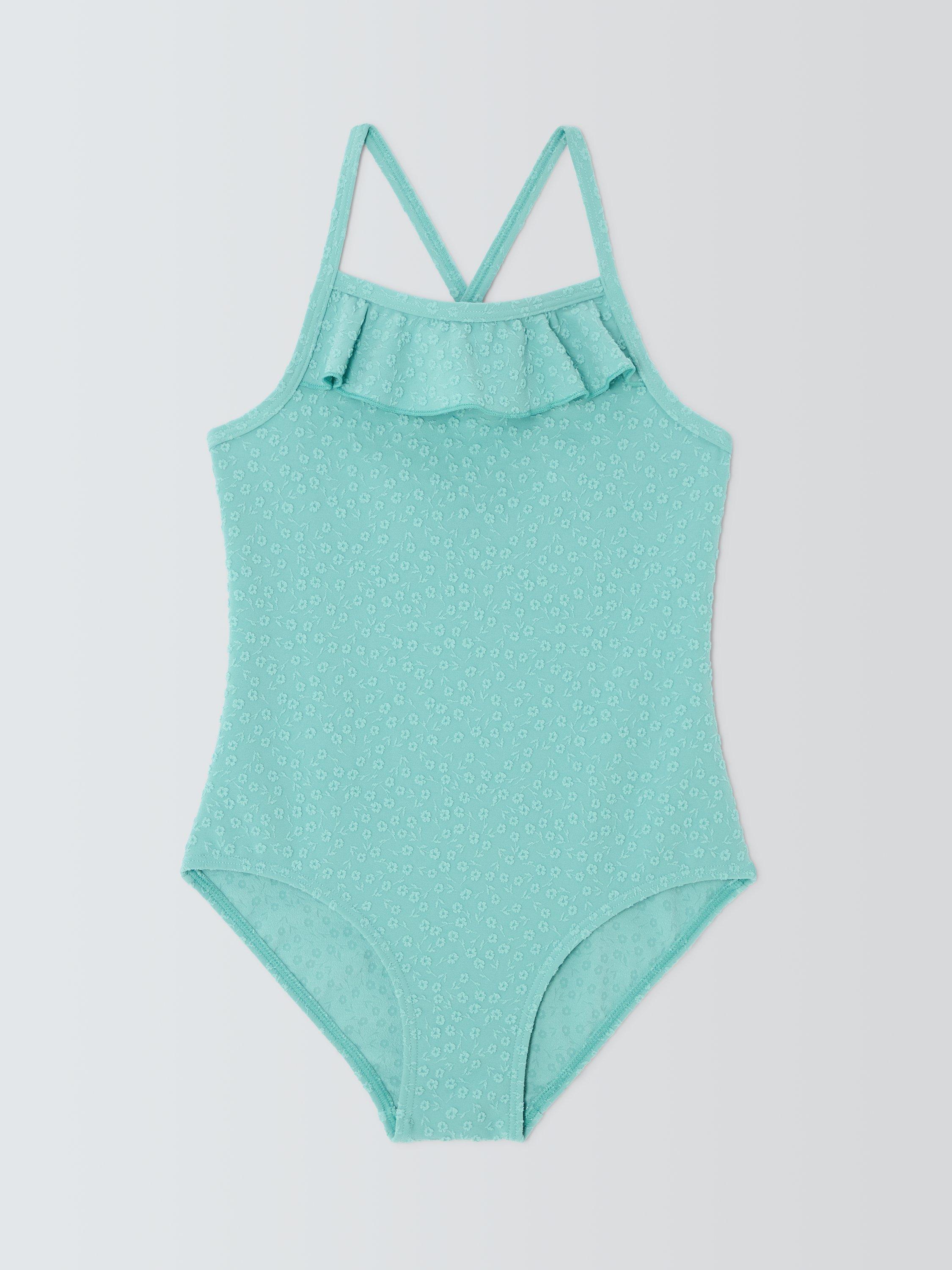 Product image 1 of 3, which shows John Lewis Kids' Ruffle Top Textured Swimsuit, Green, 2 years