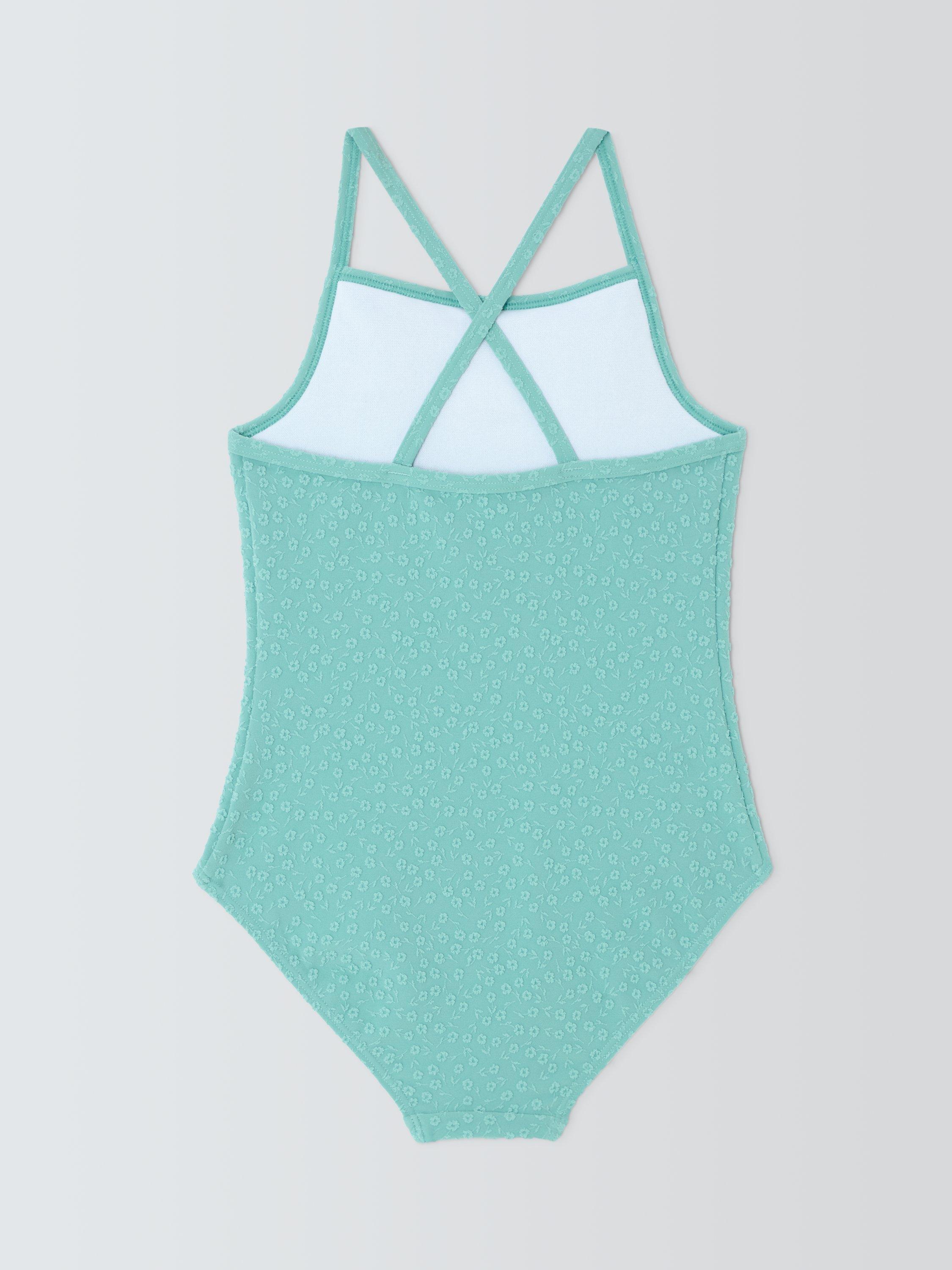 Product image 2 of 3, which shows John Lewis Kids' Ruffle Top Textured Swimsuit, Green, 2 years