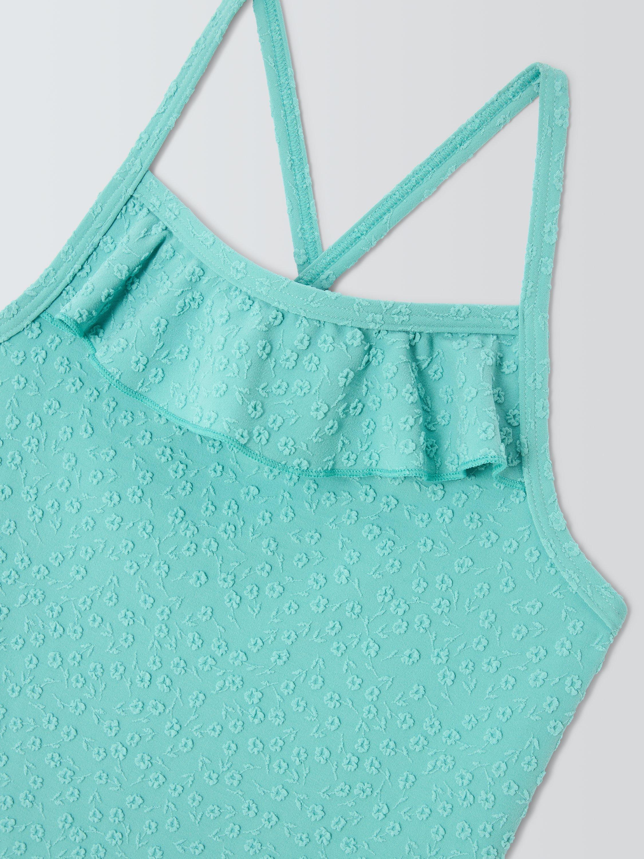 Product image 3 of 3, which shows John Lewis Kids' Ruffle Top Textured Swimsuit, Green, 2 years