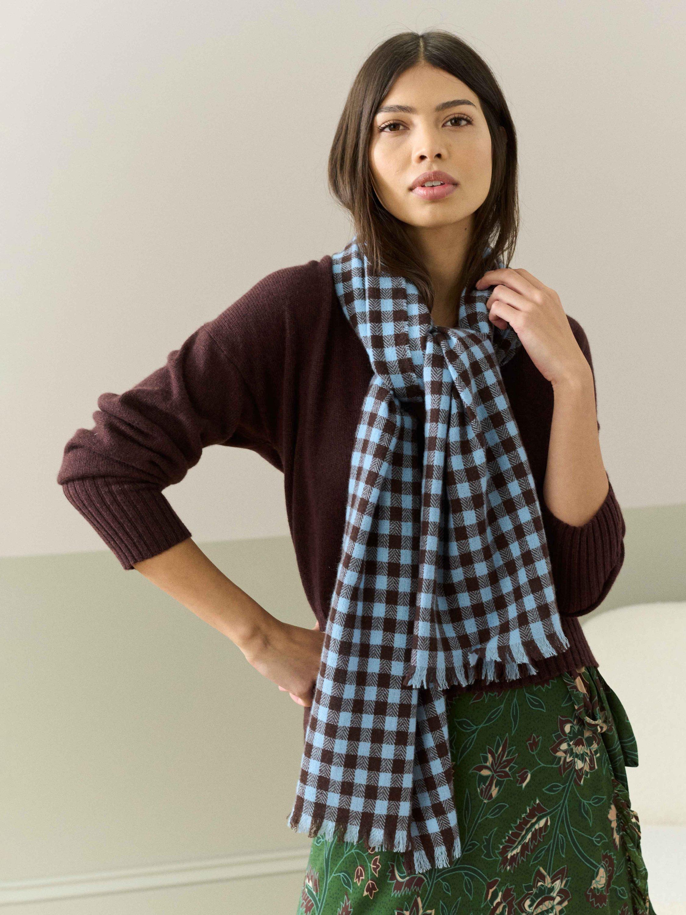 Product image 2 of 2, which shows Brora Cashmere Gingham Stole, Ebony/Sky, One Size
