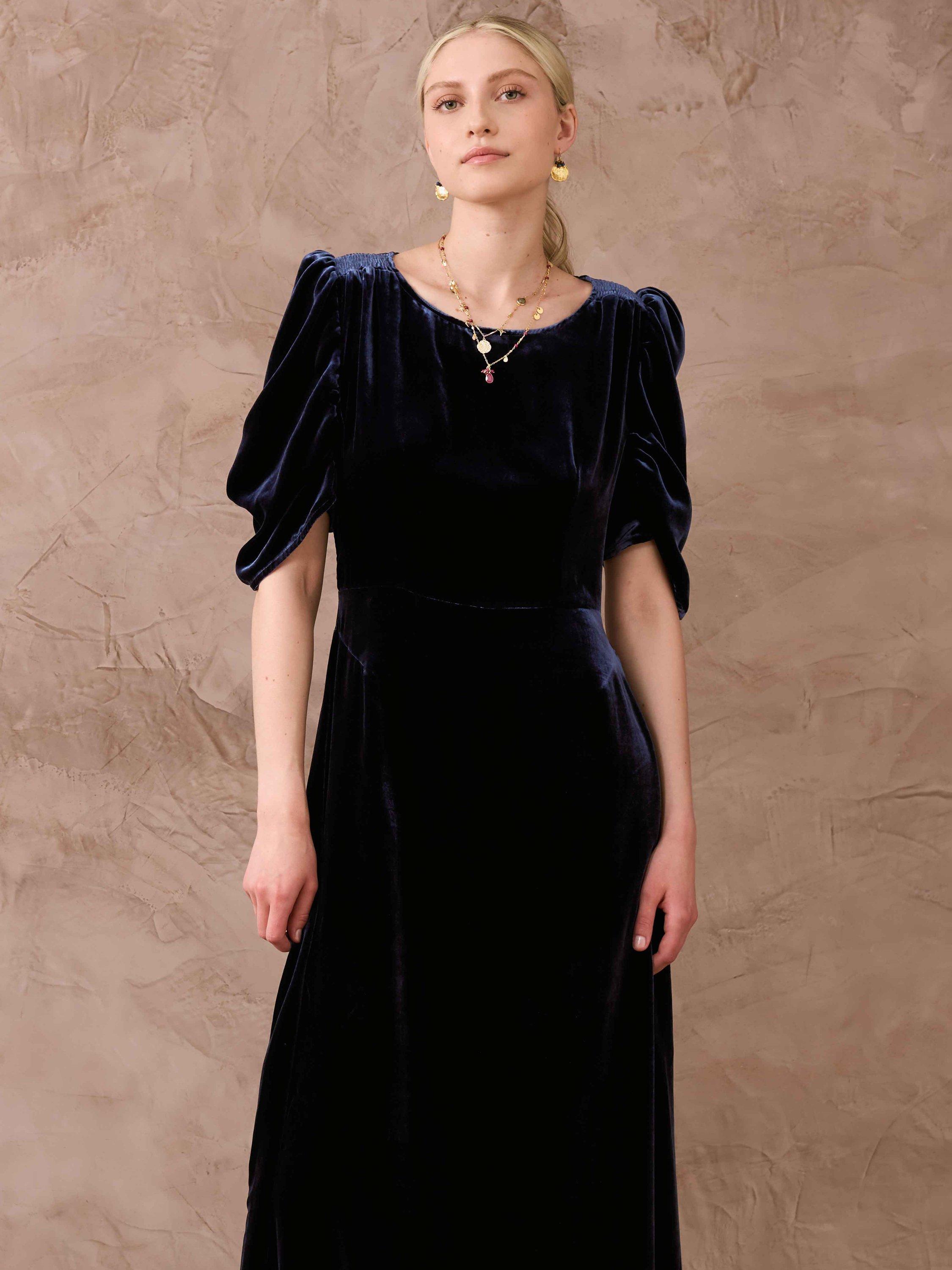 Brora Velvet Ruched Sleeve Dress, Navy