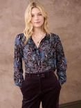 Brora Botanical Ruffle Pure Silk Blouse, Henna/China Blue