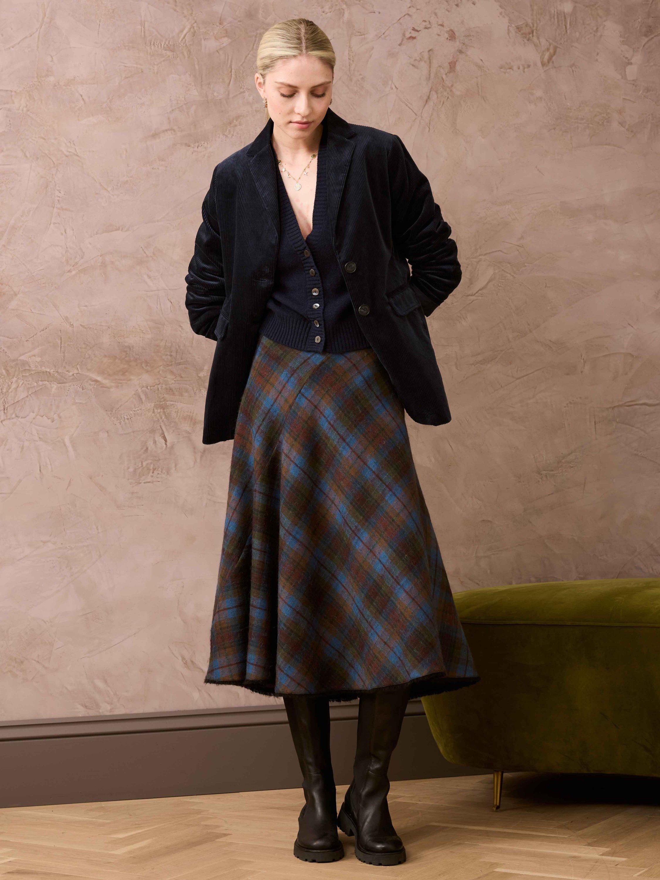 Brora Scottish Mohair Blend Check Midi Skirt, Delft/Henna