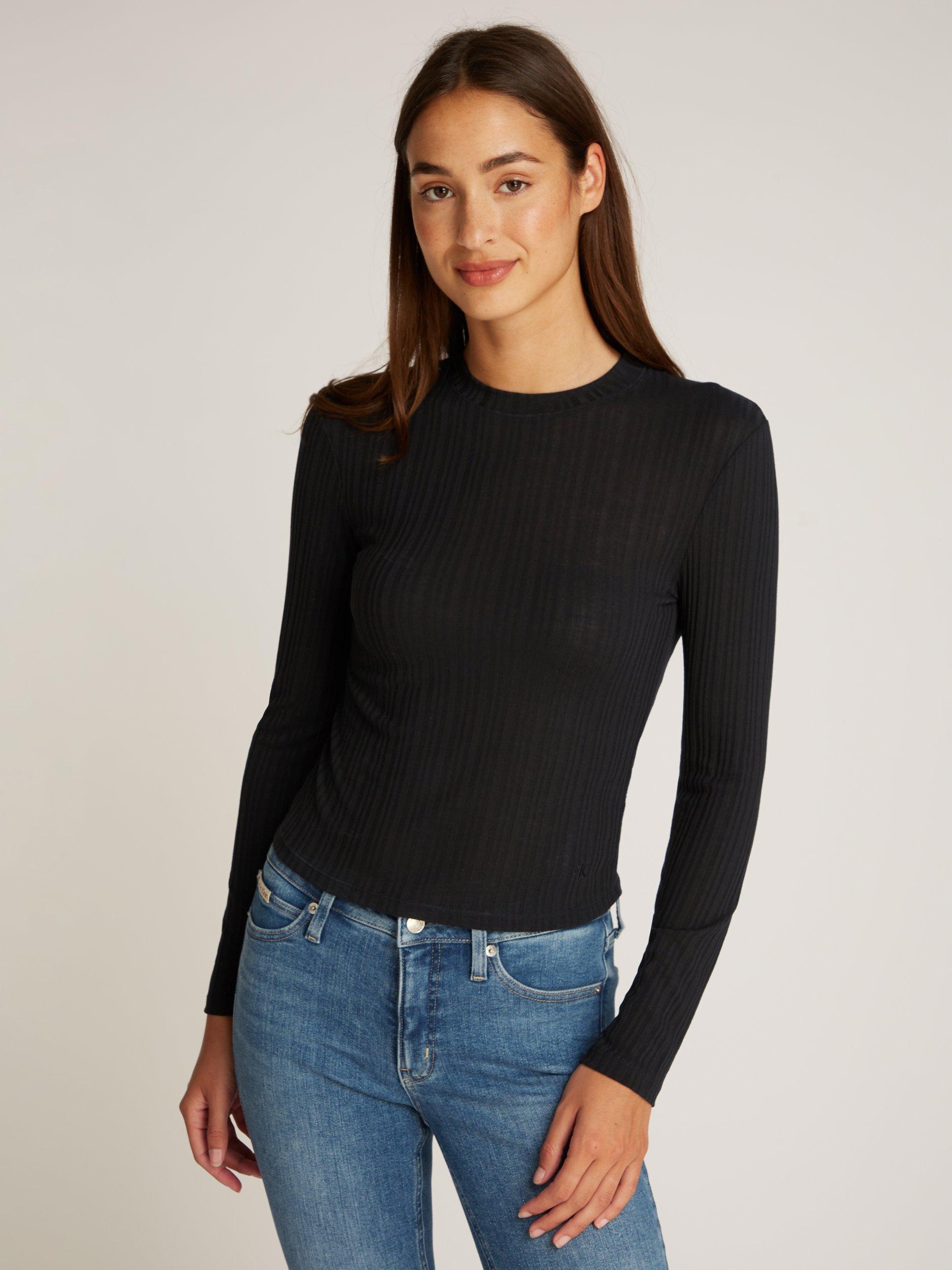 Calvin Klein Slim Fit Ribbed Semi Sheer Top, Black
